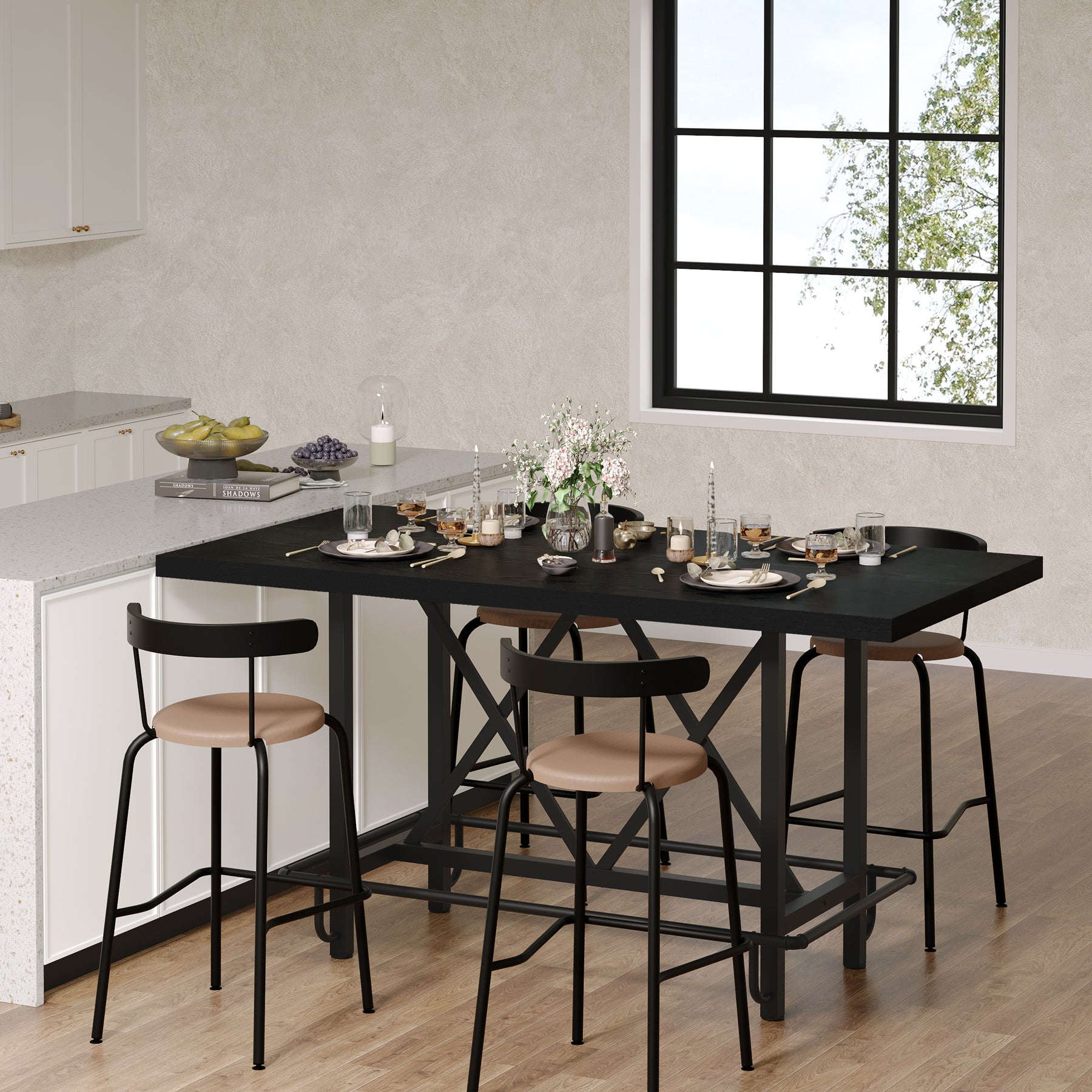 63" Rectangular Dining Table for 6, Counter-Height Kitchen Table with Metal Legs