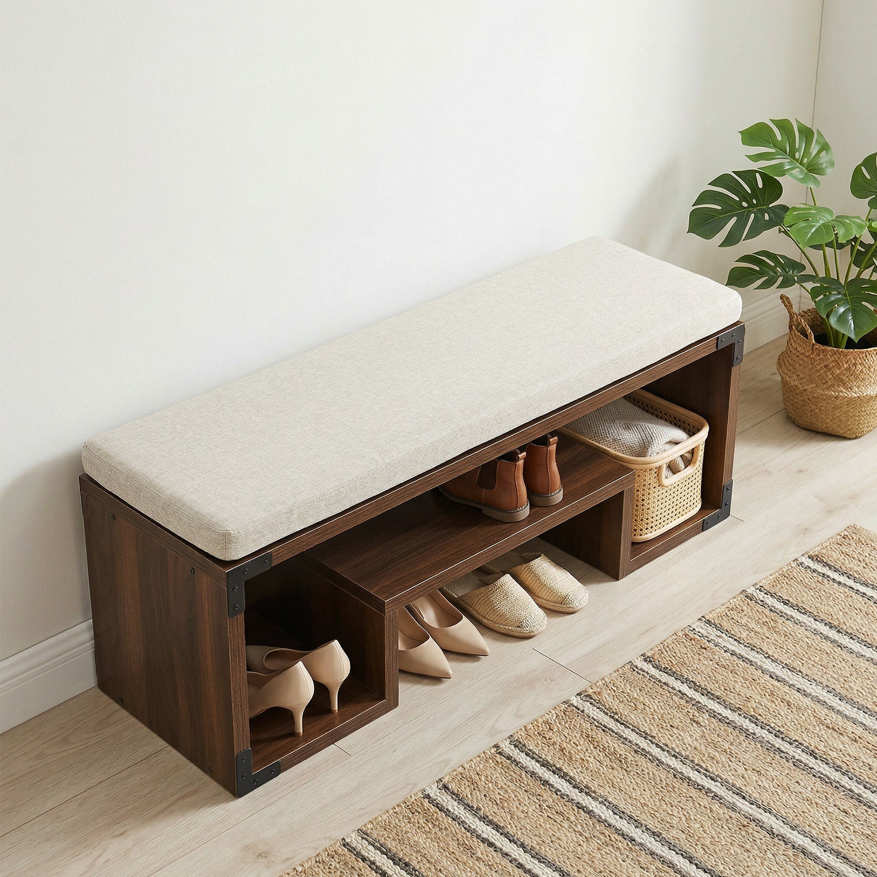 47" Shoe Bench, Entryway Bench with Cushion and Storage Shelf