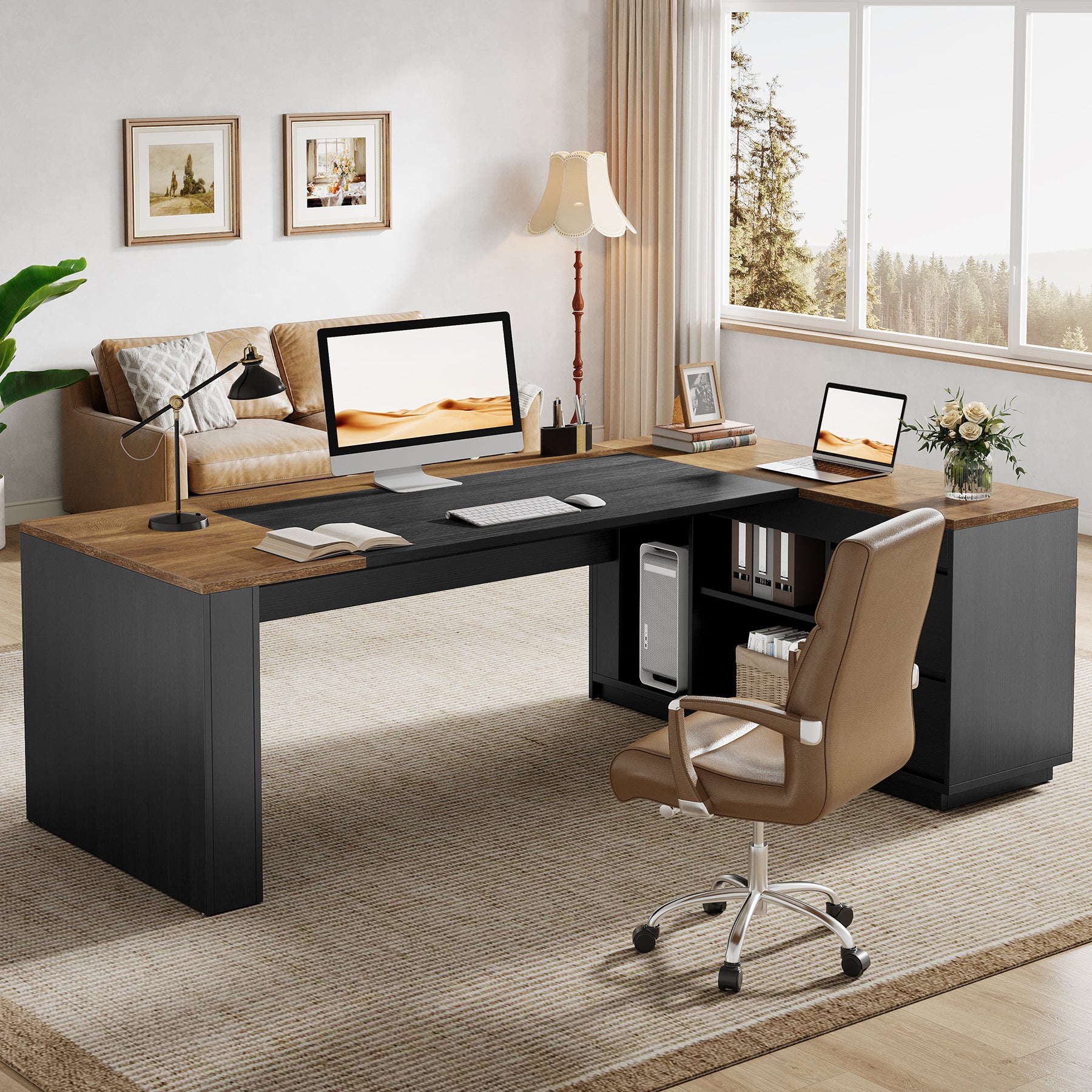 L-Shaped Executive Desk, 78.7" Computer Desk with Cabinet and Storage Shelves