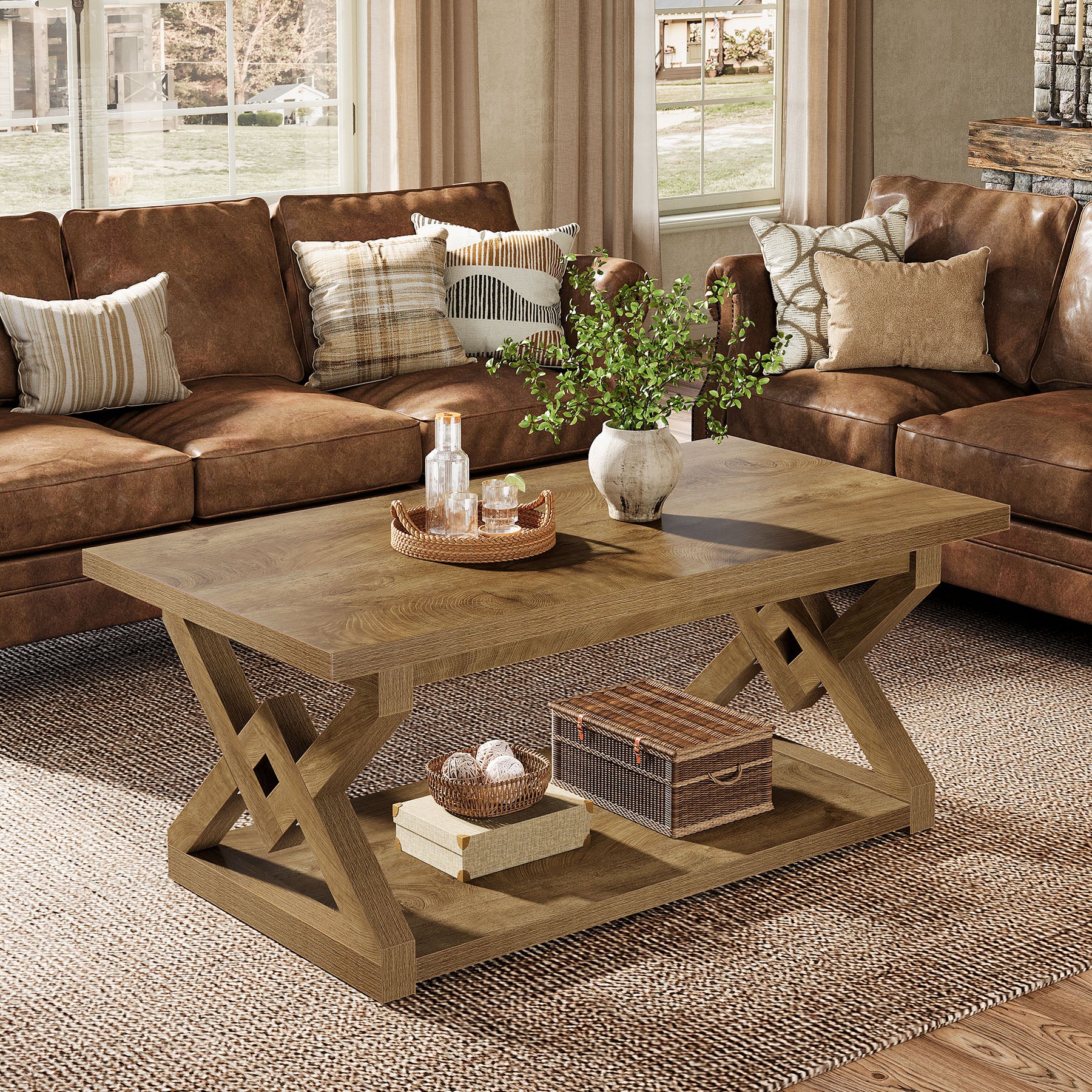 2-Tier Coffee Table, 47.24" Rectangle Center Tea Table with Open Shelves