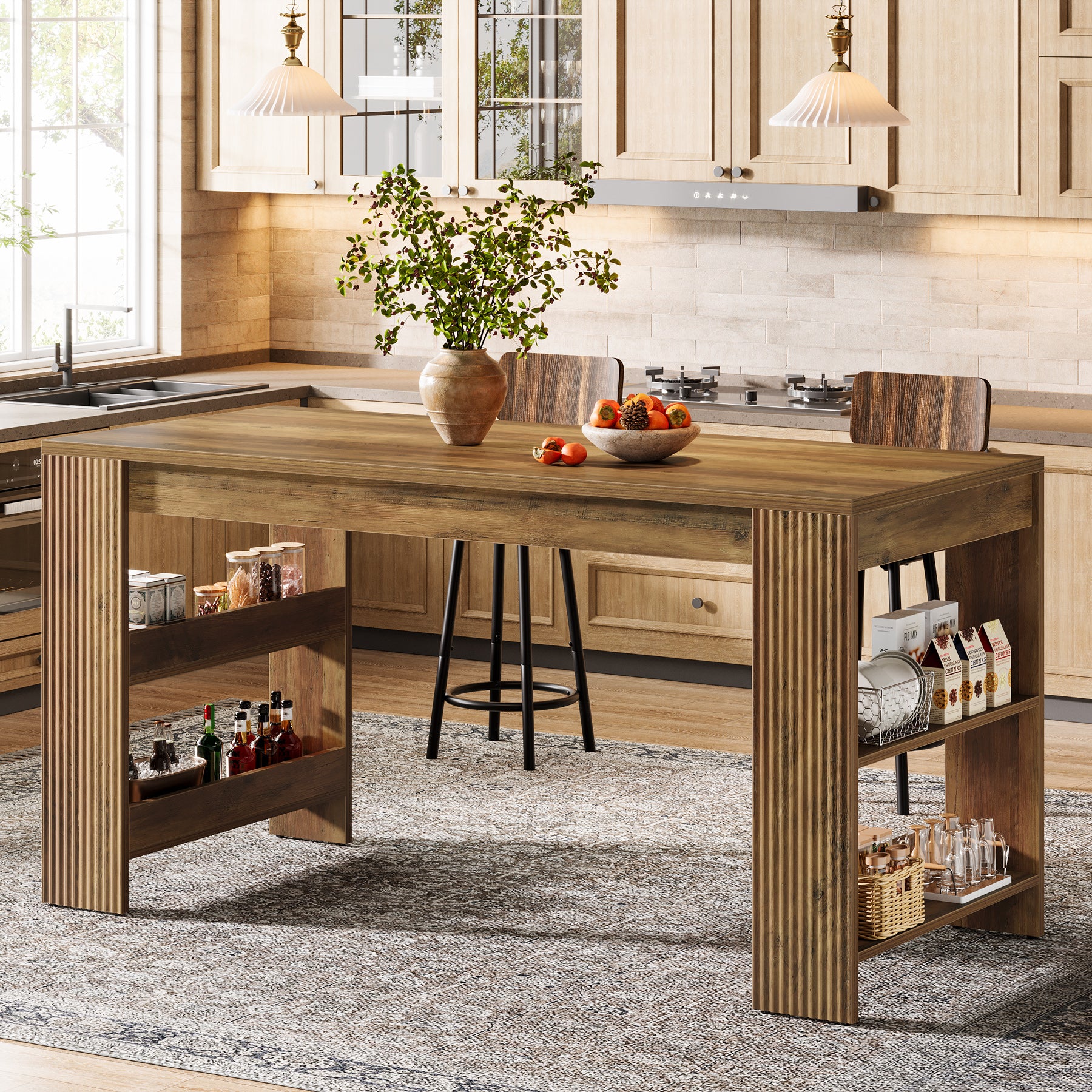 63" Kitchen Island, Large Home Bar Table with Double-Sided Storage Shelves