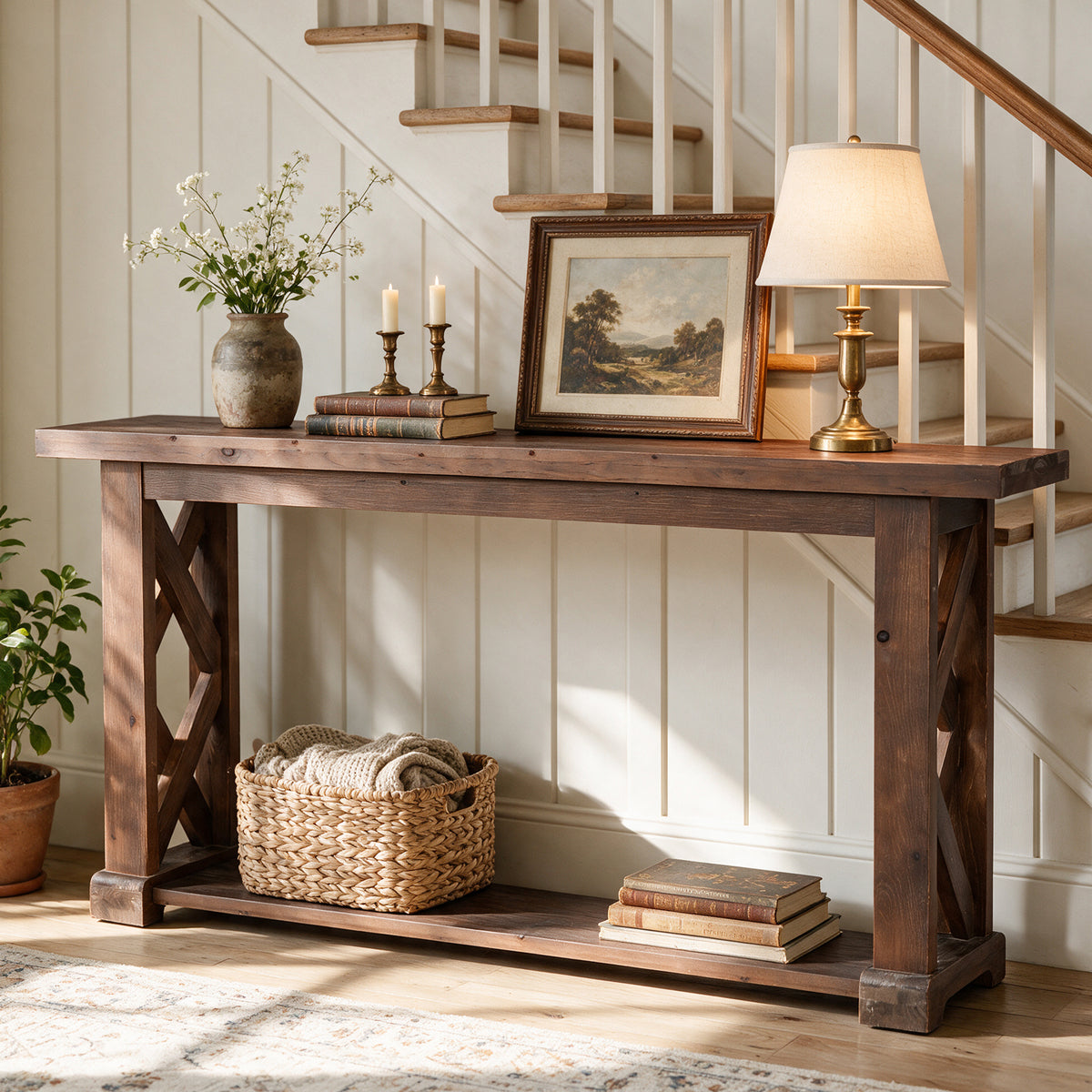 63" Console Table, Farmhouse Solid Wood, 2-Tier X-Shaped Frame, Narrow Sofa Table