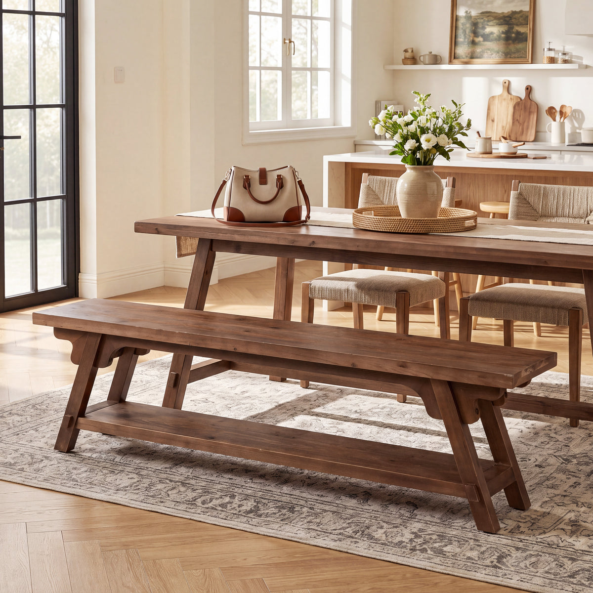63" Long Solid Wood Entryway Bench, 2-Tier End of Bed Bench, Bedroom Mudroom