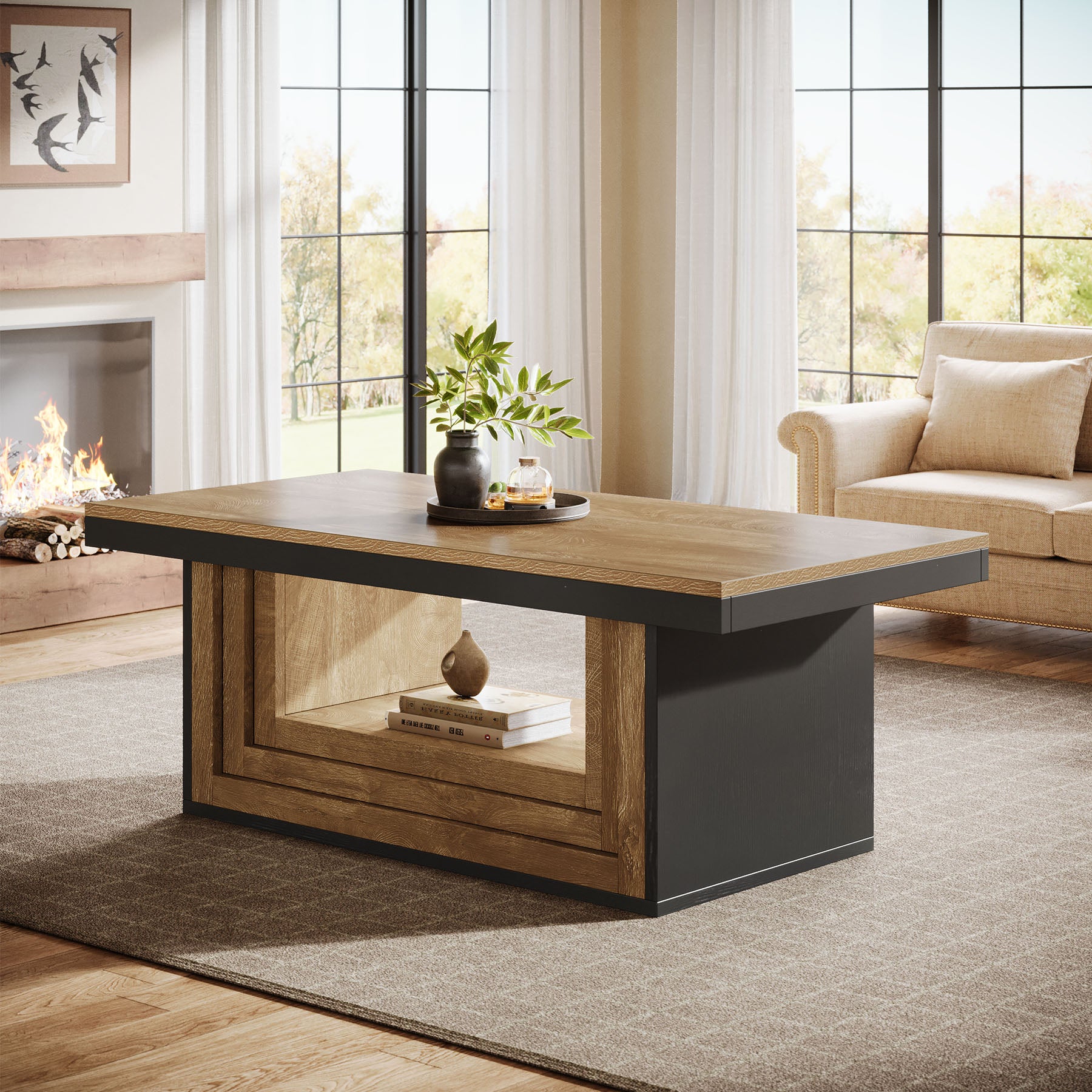 47" Rectangle Coffee Table, Pedestal Center Table Tea Table for Living Room