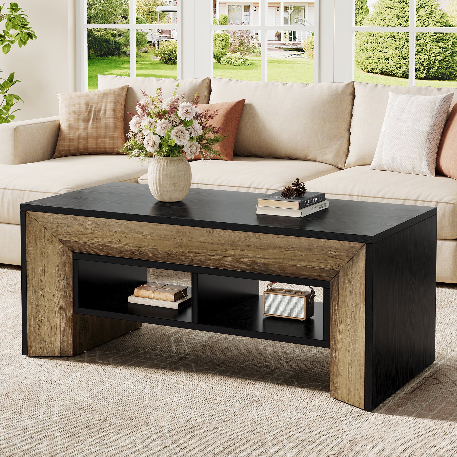 47" Modern Coffee Table, Rectangular Center Table with 2-Tier Storage