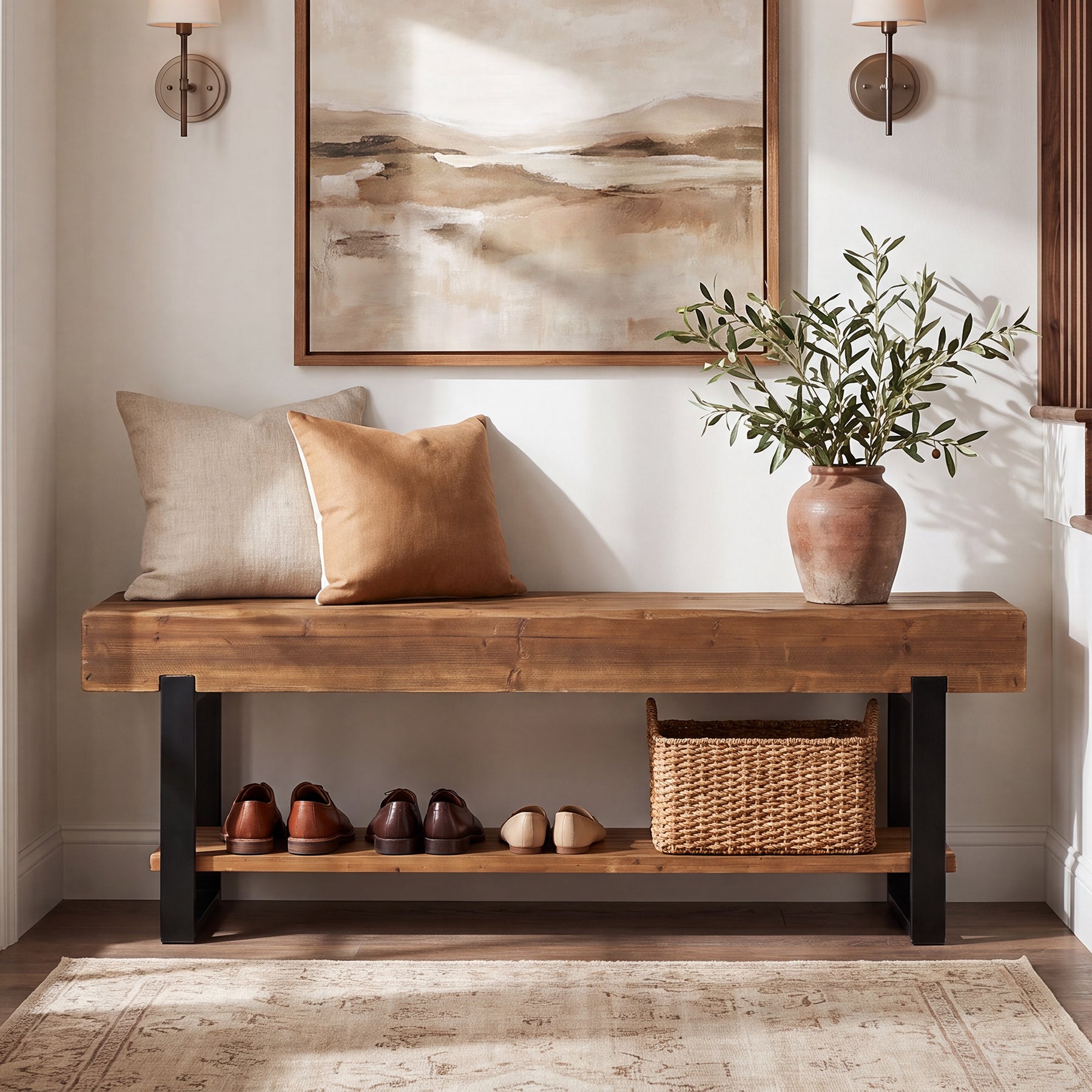 63" Solid Wood Entryway Bench, 2-Tier Shoe Storage Bench with Metal Frame
