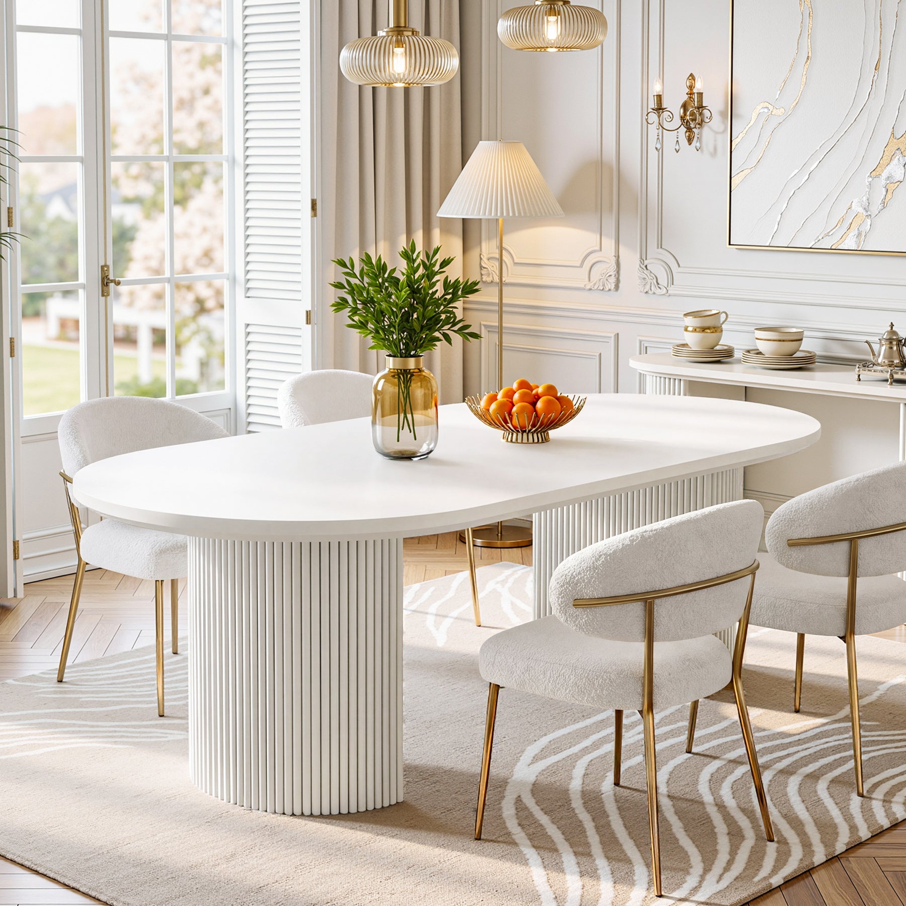 63" Oval Dining Table For 4-6, Modern Kitchen Table With Fluted Wooden Base