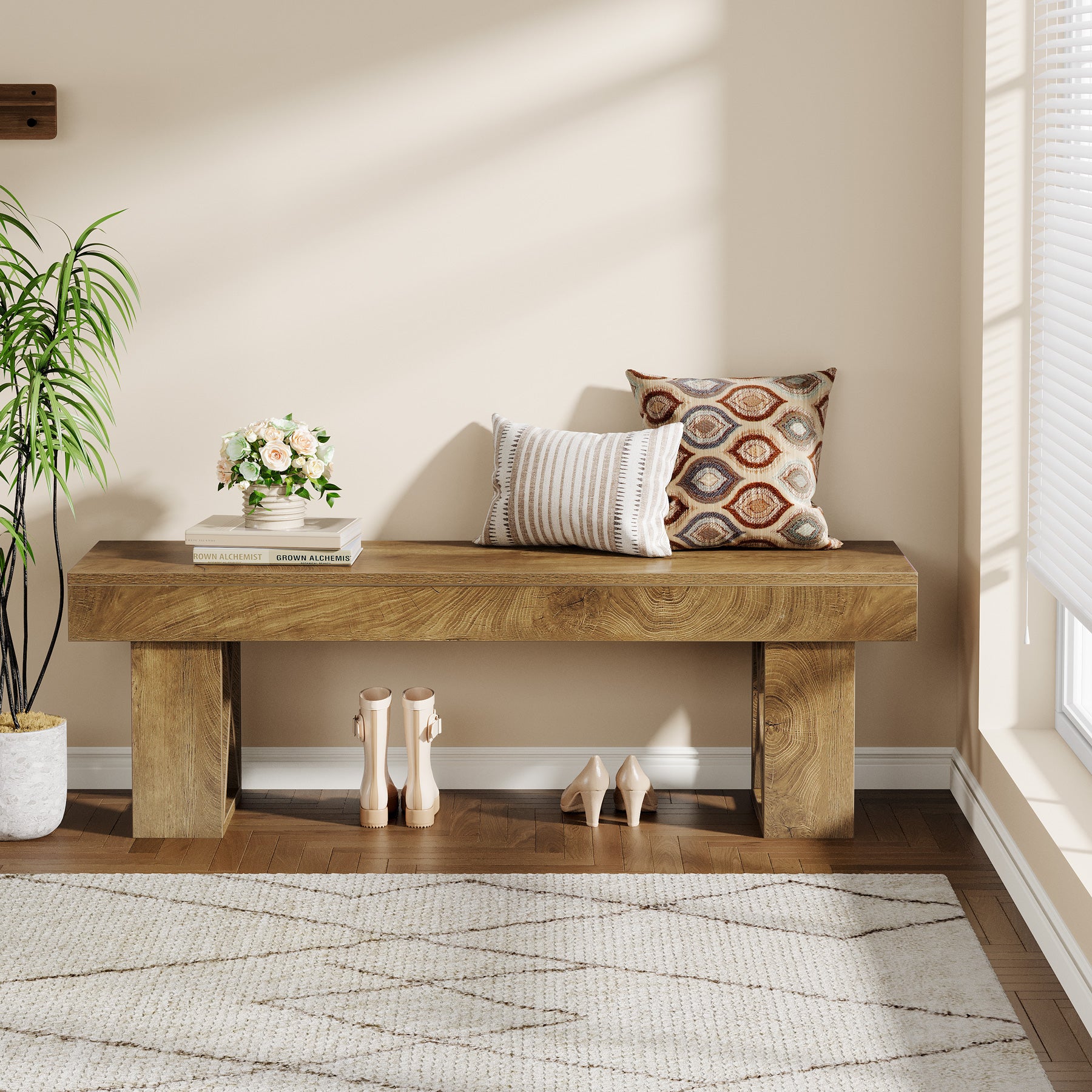 55" Entryway Bench, Farmhouse Shoe Bench Indoor End of Bed Stool