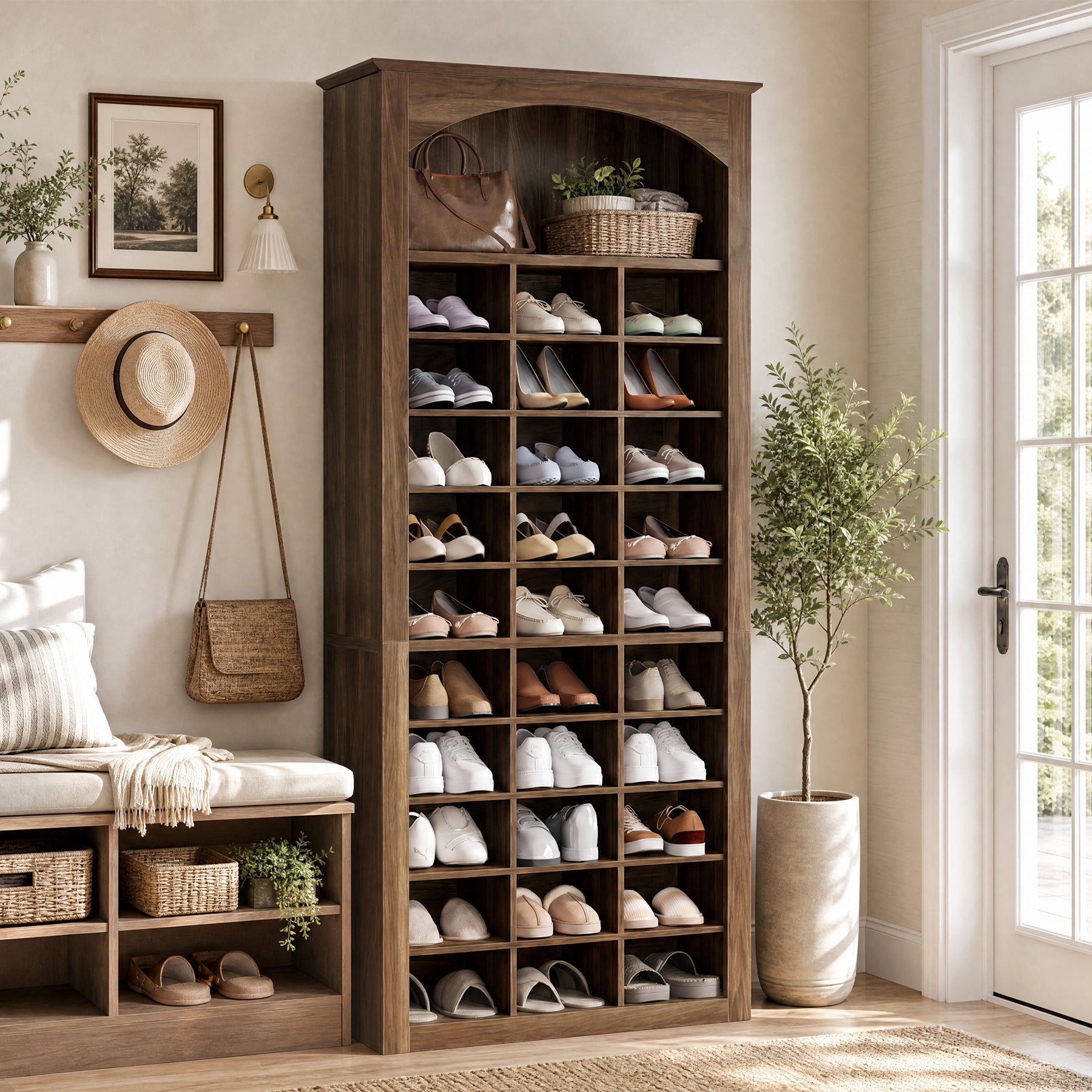 30-Cube Shoe Rack, 68.9" Shoe Cabinet with Arched Display Shelf for Entryway