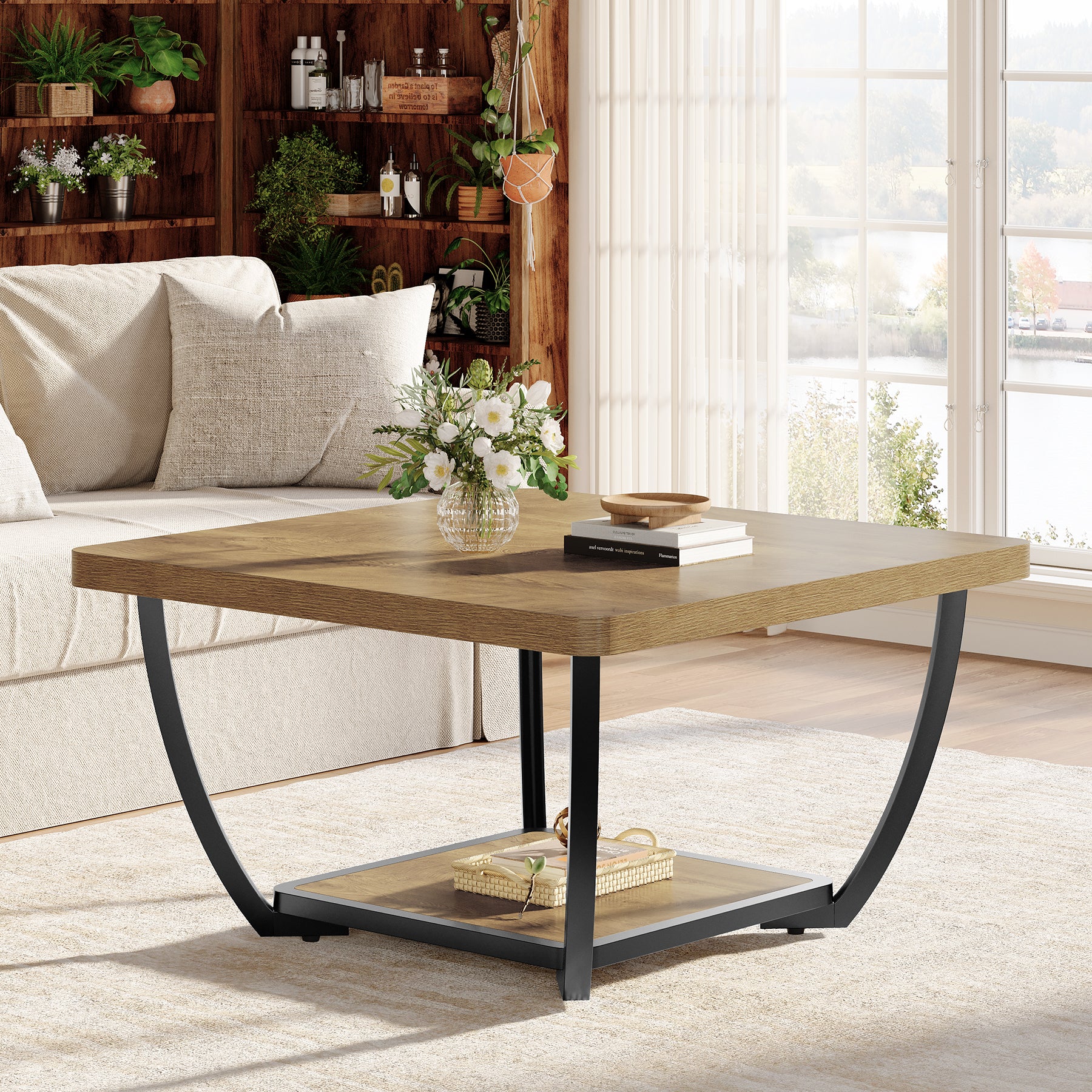 31.5" Coffee Table, Square 2-Tier Accent Center Cocktail Table with Storage