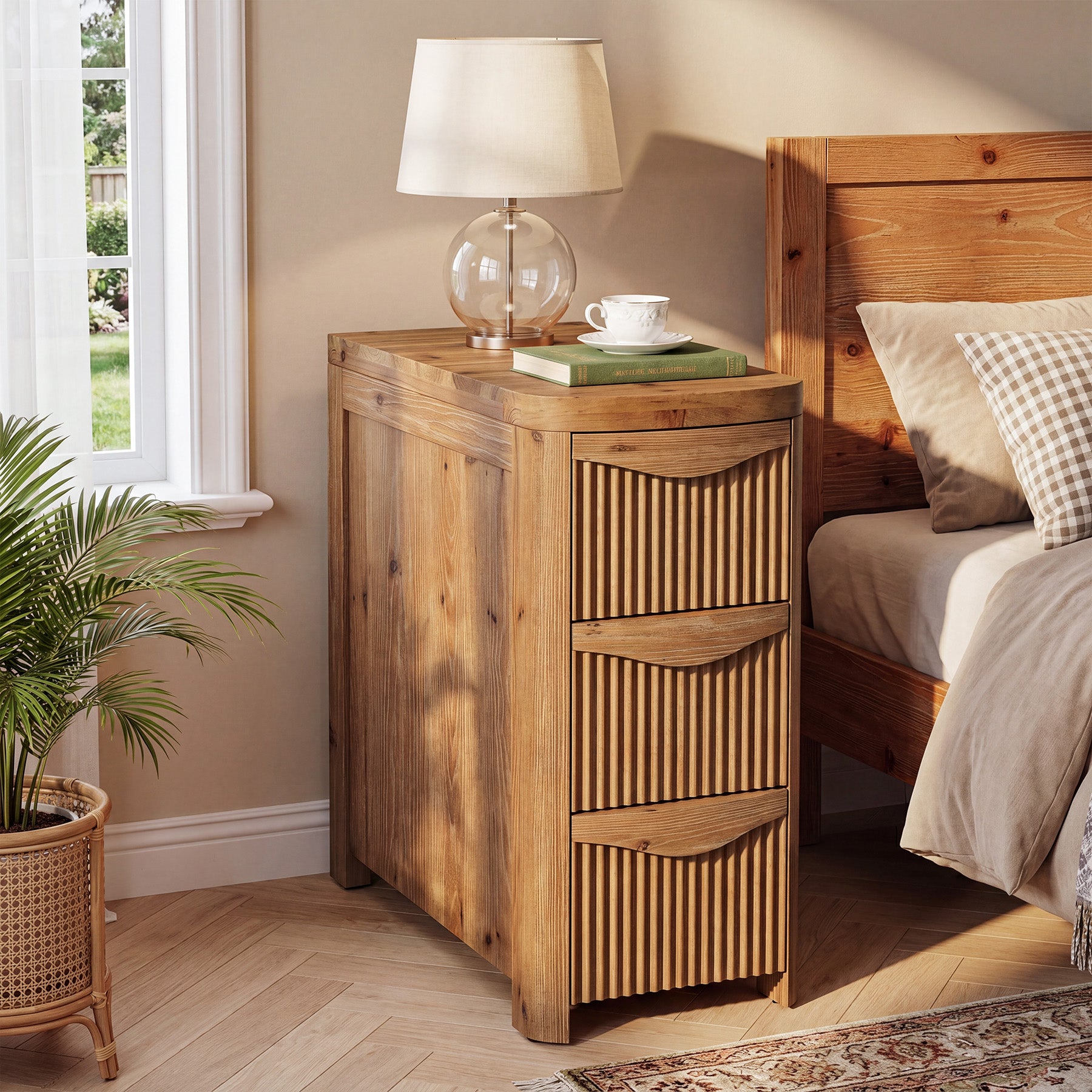 Solid Wood End Table with 3 Drawers, 24" Farmhouse Side Table for Small Spaces