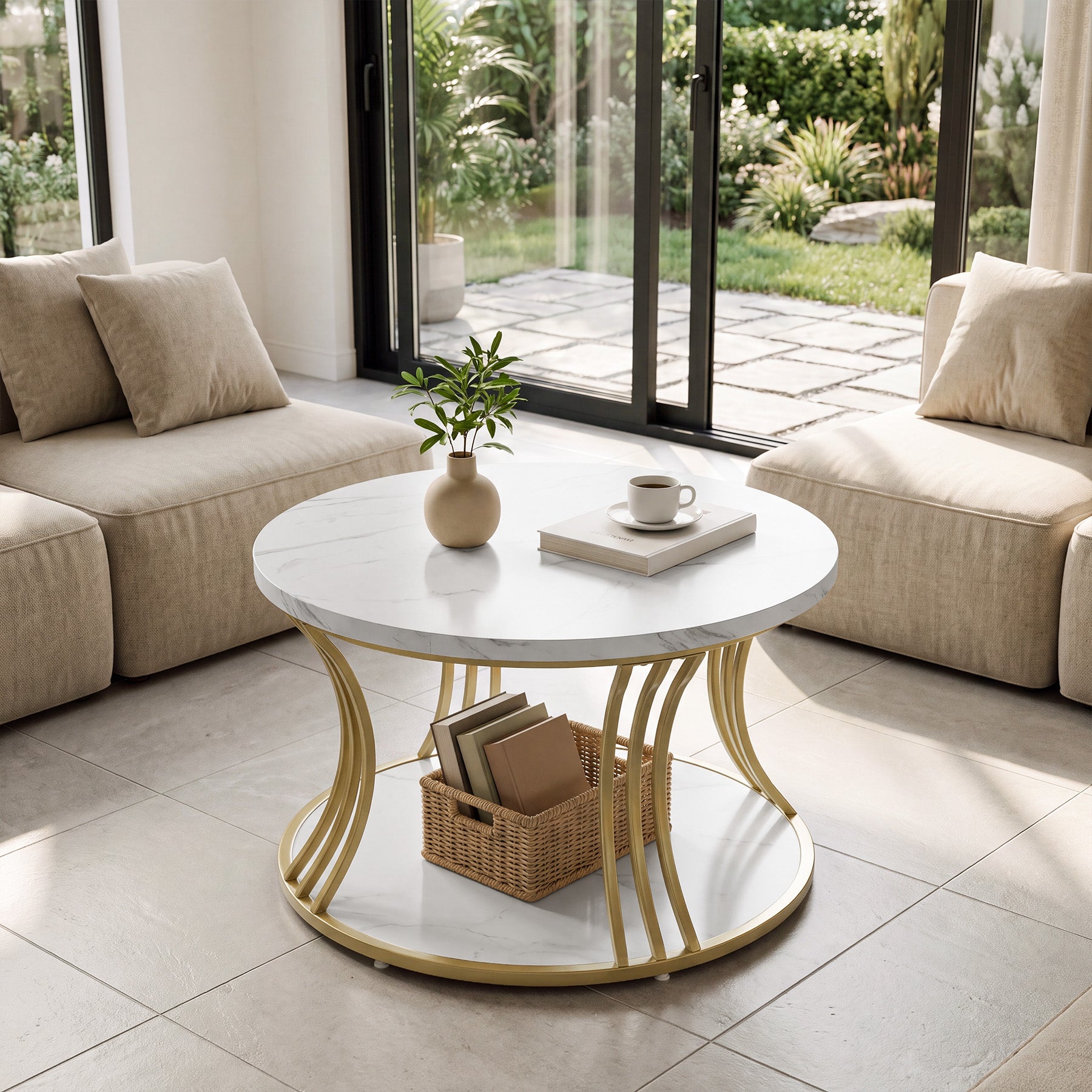 31.5" Round Coffee Table, 2-Tier Modern Faux Marble Center Cocktail Table