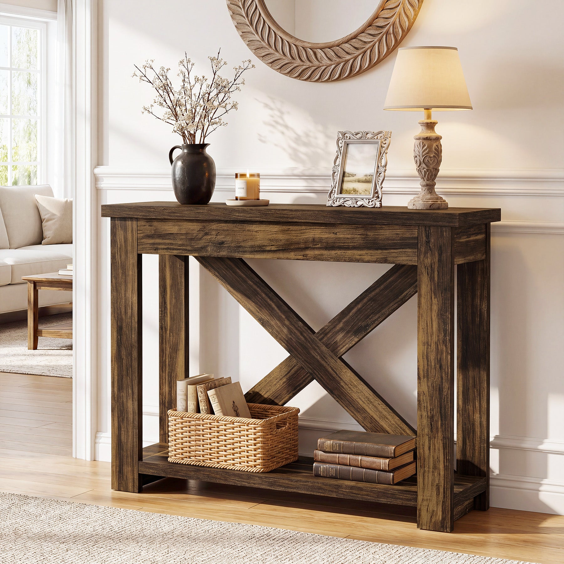 41.3" Farmhouse Console Table, 2-Tier Narrow Sofa Table for Entryway, Living Room