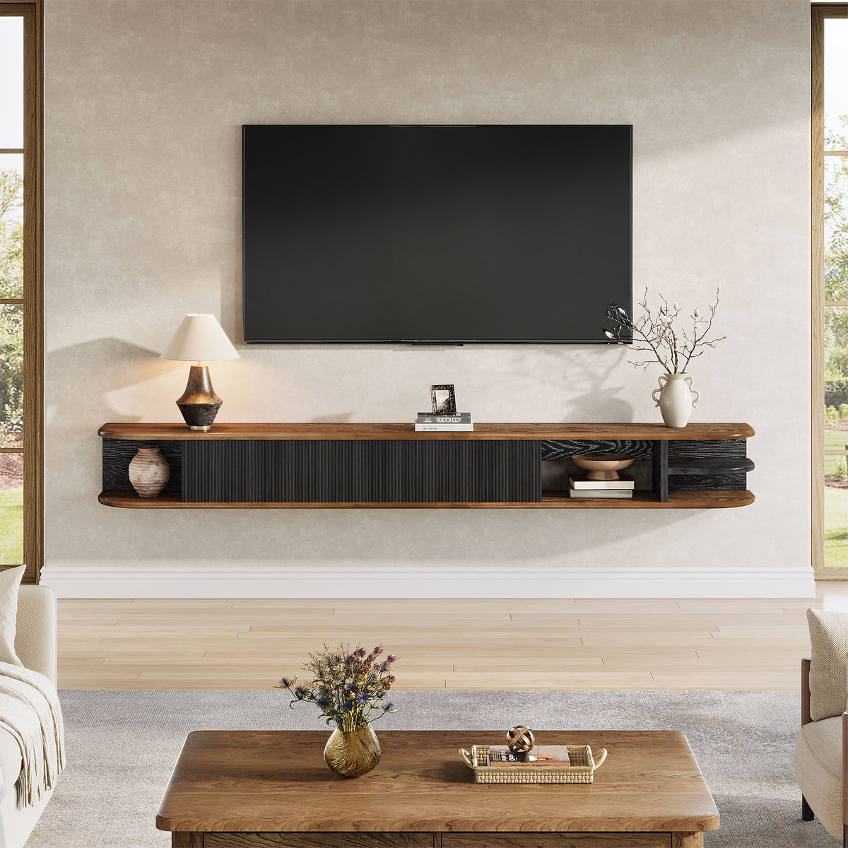 71" Floating TV Stand with Fluted Doors, Solid Wood Media Console with Cable Management for 50-90" TVs