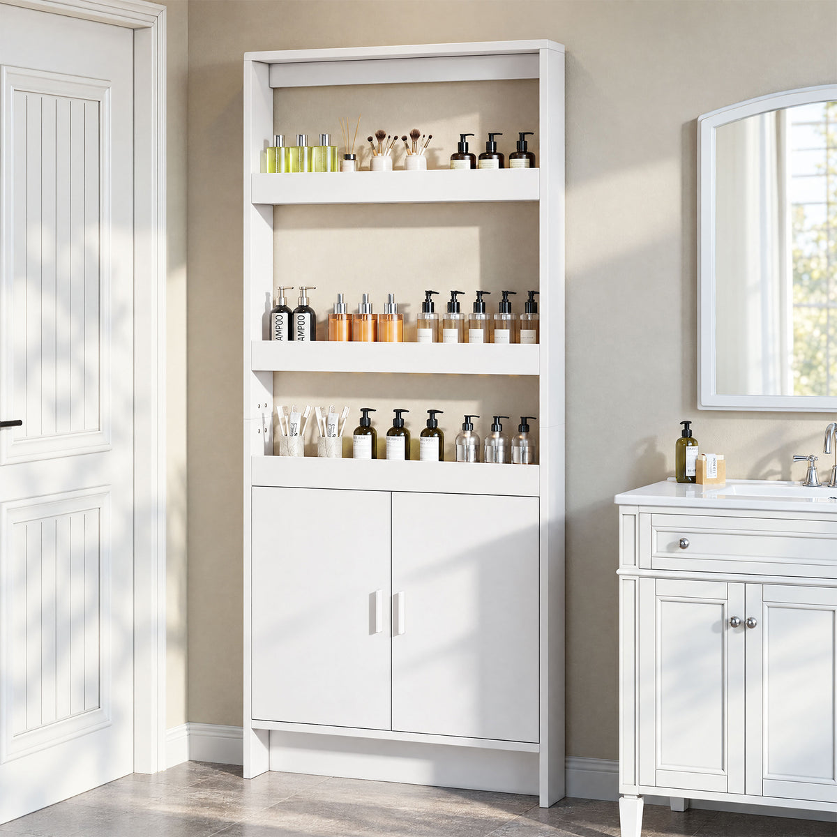 70.9" H Behind The Door Bookshelf, 5-Tier Narrow Bookcase with Open Shelves & Closed Cabinet