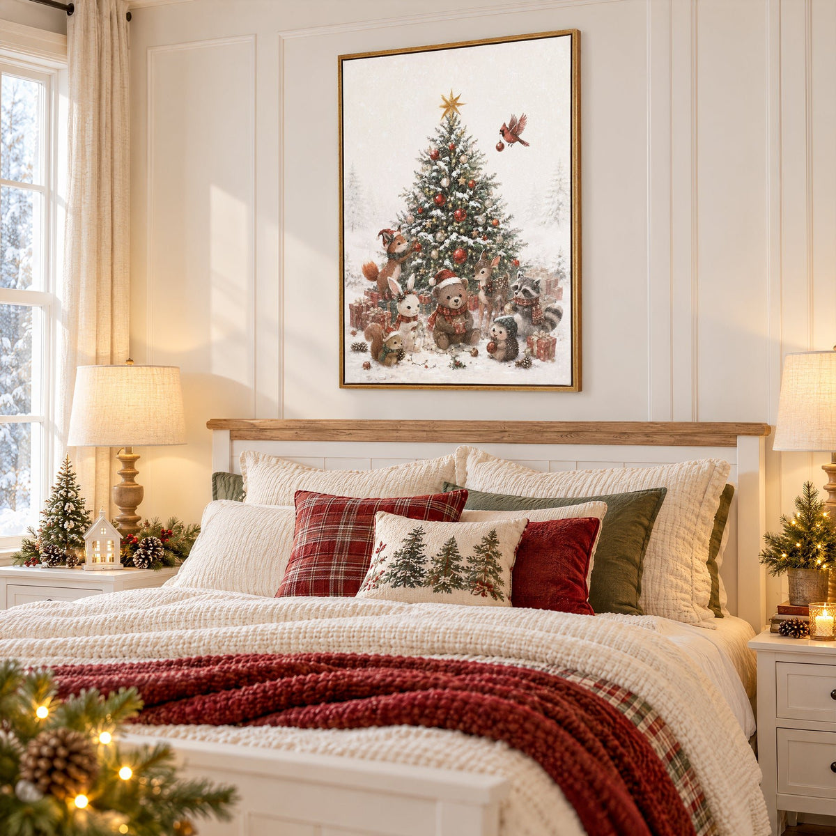 Watercolor Christmas Tree Wall Art, Red Velvet Bow, Rustic Farmhouse Framed Holiday Decor, Living Room
