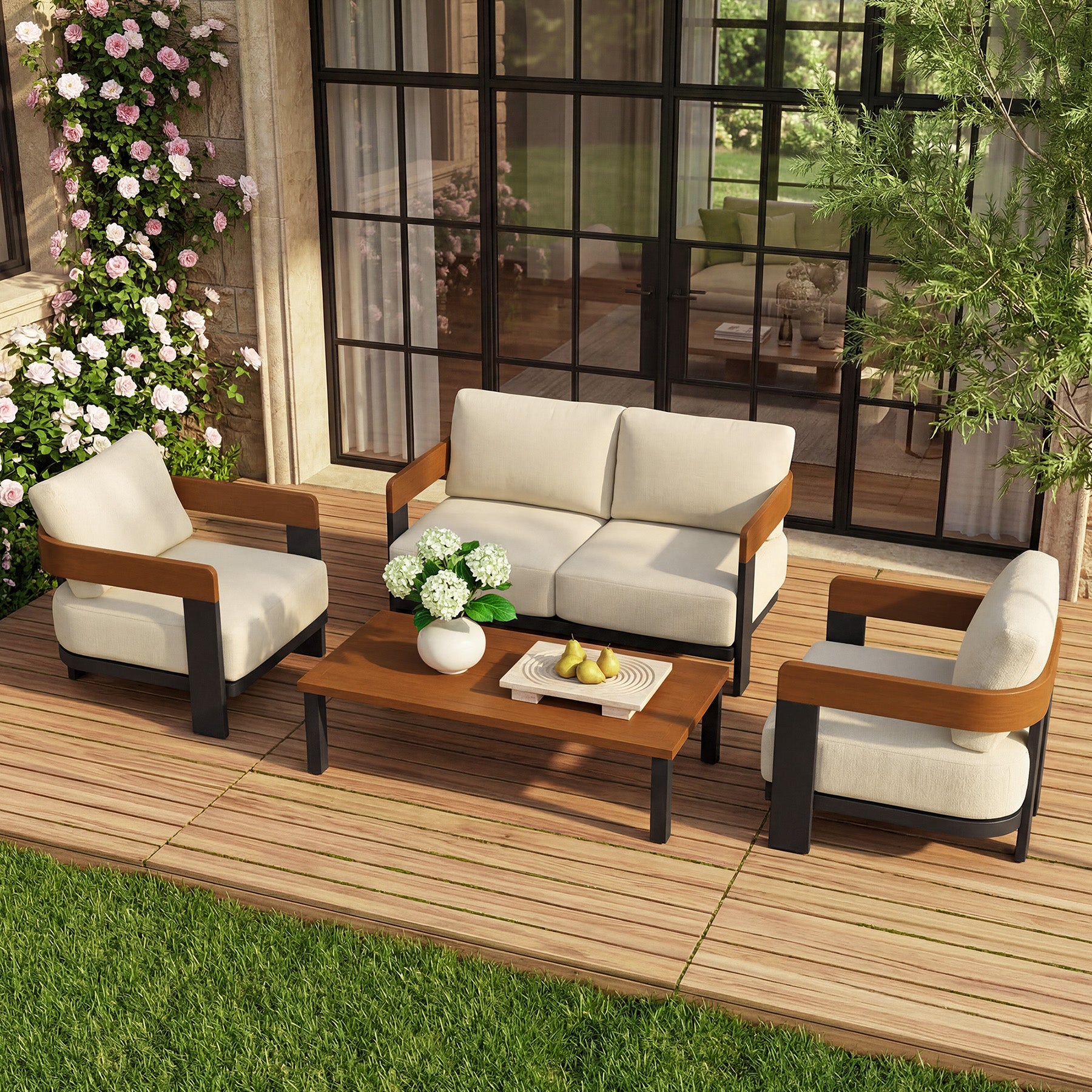 4-Piece Patio Conversation Set, 4 Seats Outdoor Sectional with Coffee Table