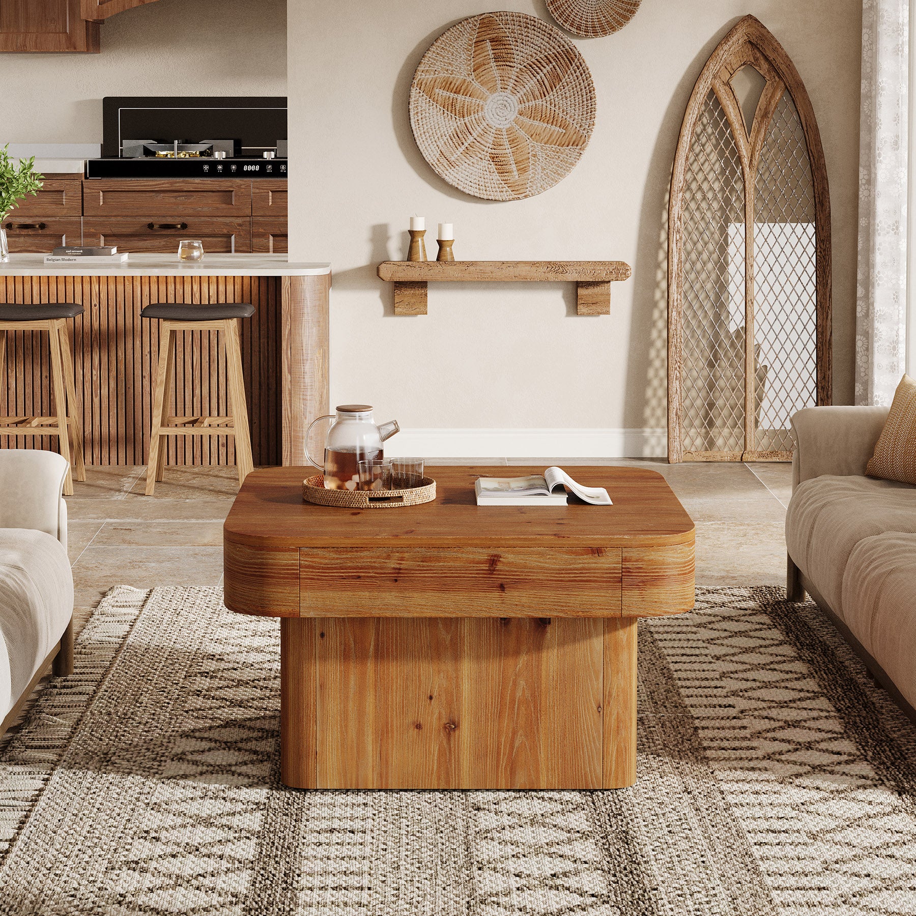 31.5" Square Coffee Table, Farmhouse Solid Wood Center Table