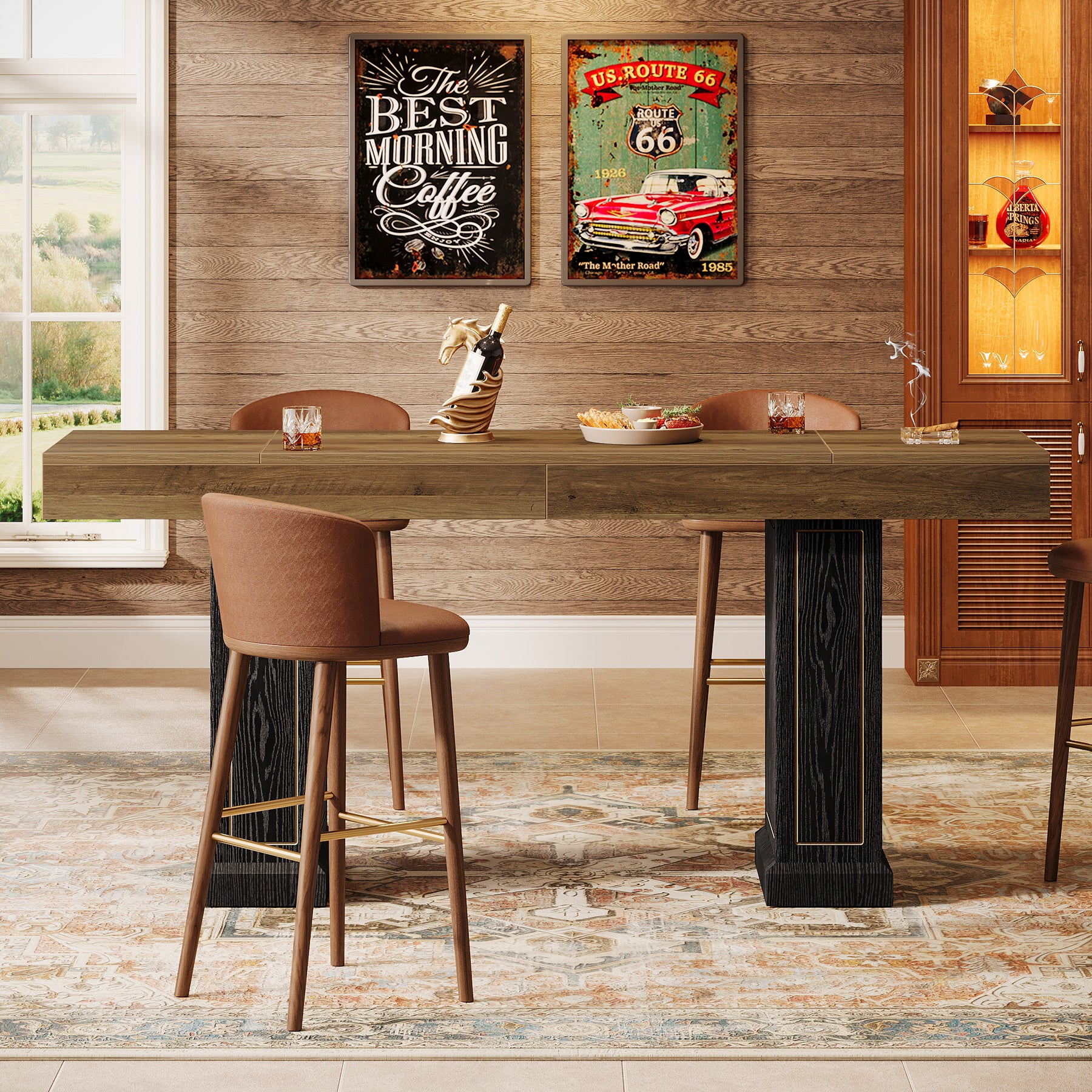 71" Counter Height Bar Table for 6-8 People, Rustic Pub Table with Dual Pedestal Base & Gold Accents