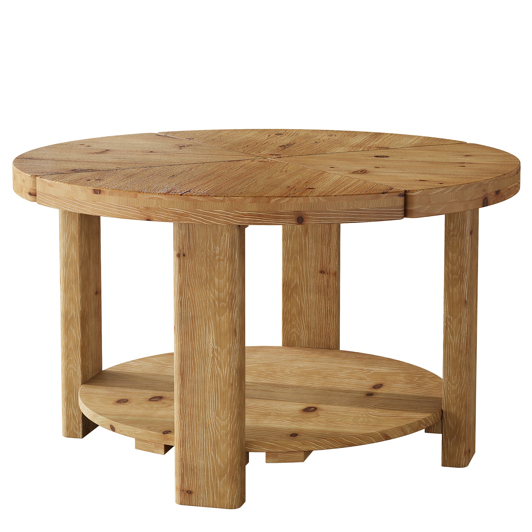 31.5" Solid Wood Coffee Table, Round Center Table with 2-Tier Storage