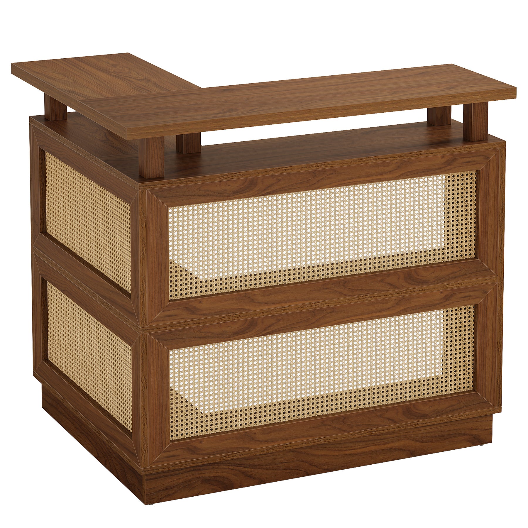 L-Shaped Home Bar Unit, Rattan Bar Table Liquor Cabinet with 4-Tier Storage Shelf