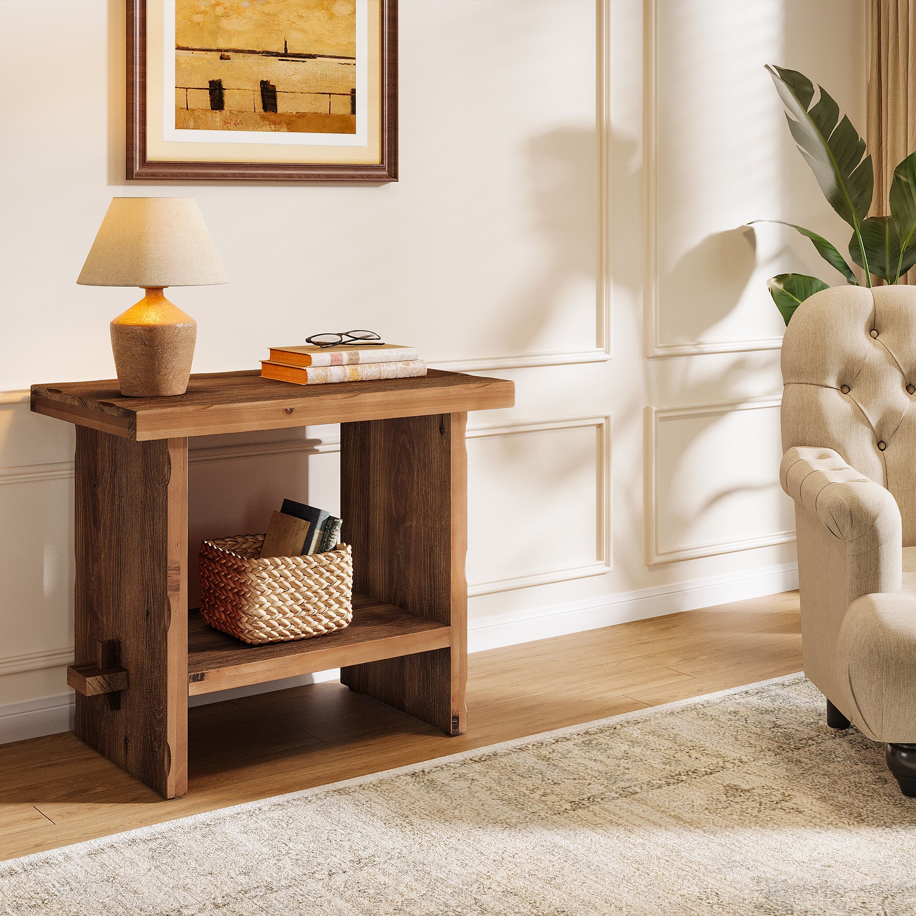 23.62-Inch Solid Wood Nightstand with Storage, Farmhouse Bedside Table with Wooden Base for Bedroom