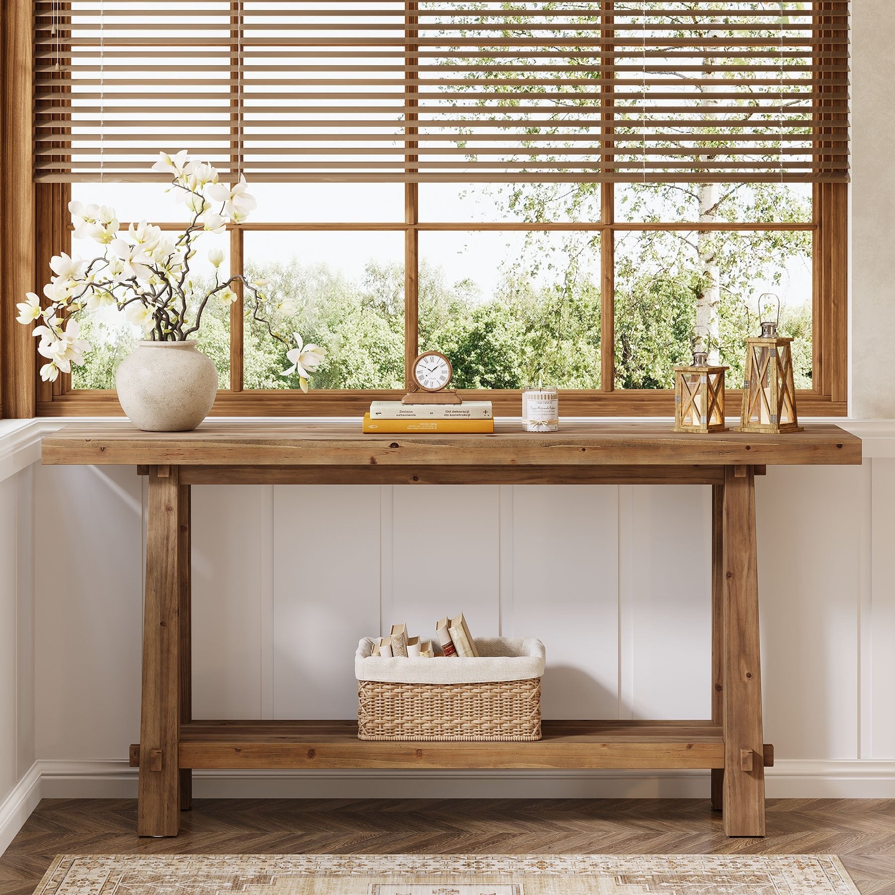 63" Solid Wood Console Table with Shelf, Farmhouse Narrow Entryway & Sofa Table for Hallway or Behind Couch