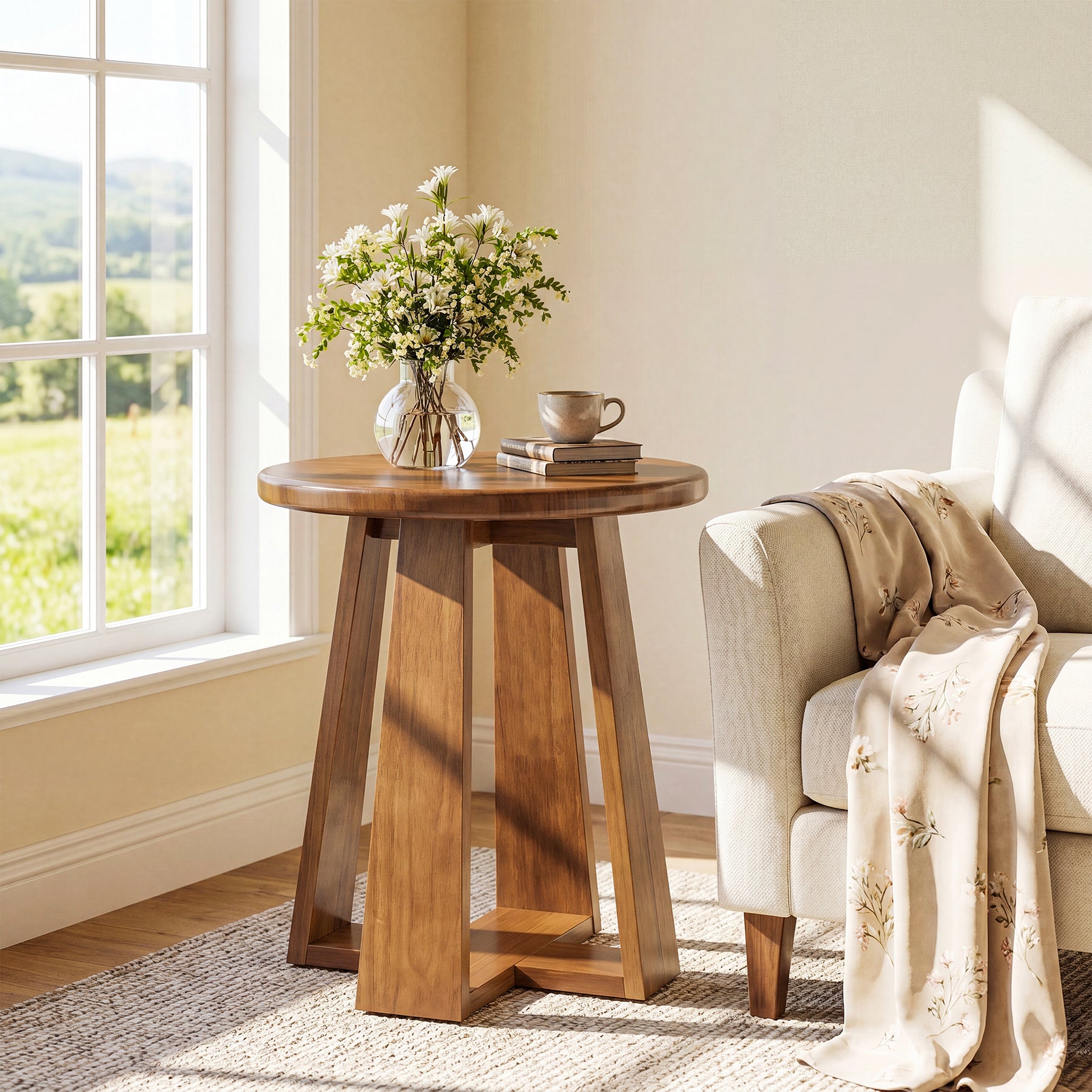 Modern Round End Table, Solid Wood Accent Side Table with Unique Geometric Legs