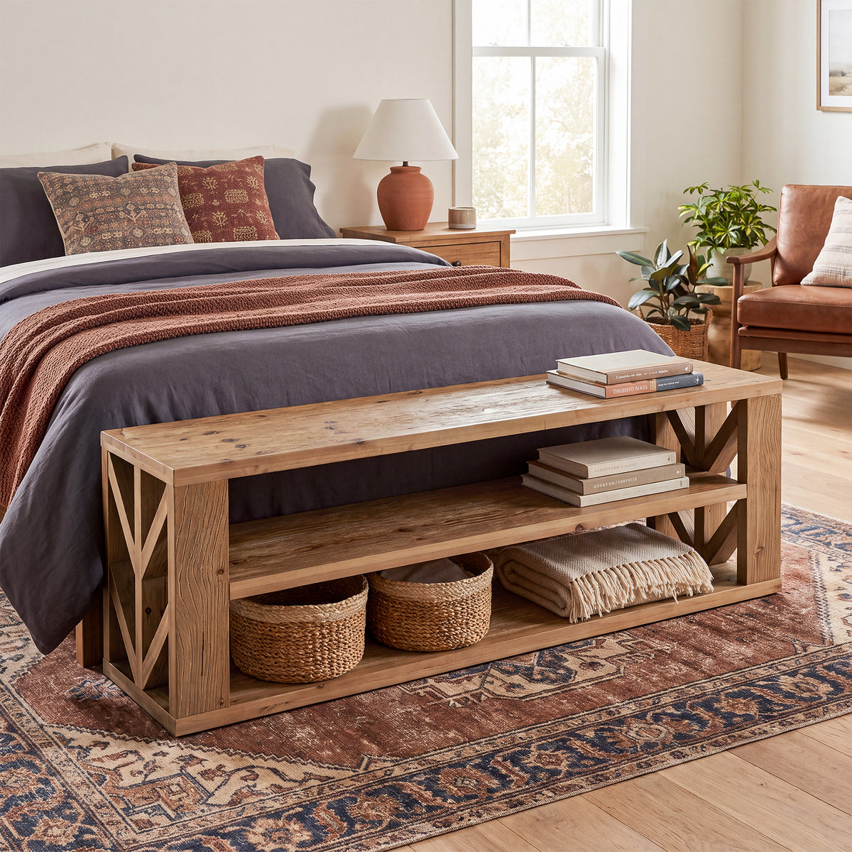 55" Solid Wood Entryway Bench, 3-Tier Storage Shoe Bench for Living Room, Hallway