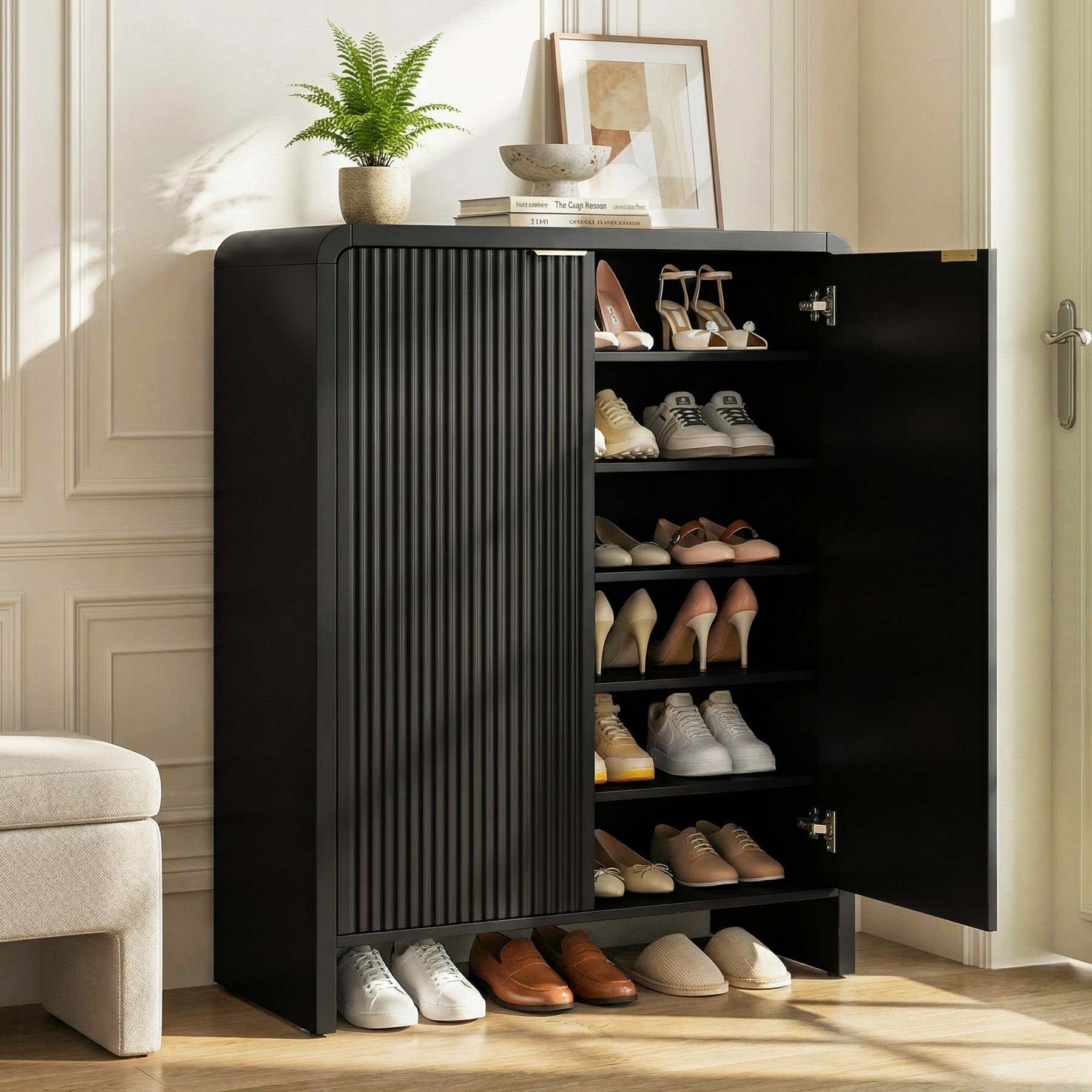 43.31-Inch Black Shoe Storage Cabinet with Doors, 6-Tier Fluted Entryway Organizer