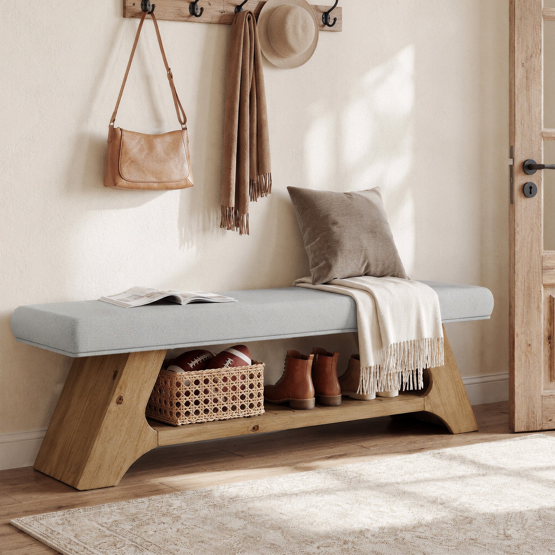 55" Solid Wood Upholstered Bench, 2-Tier Entryway Shoe Storage Bench
