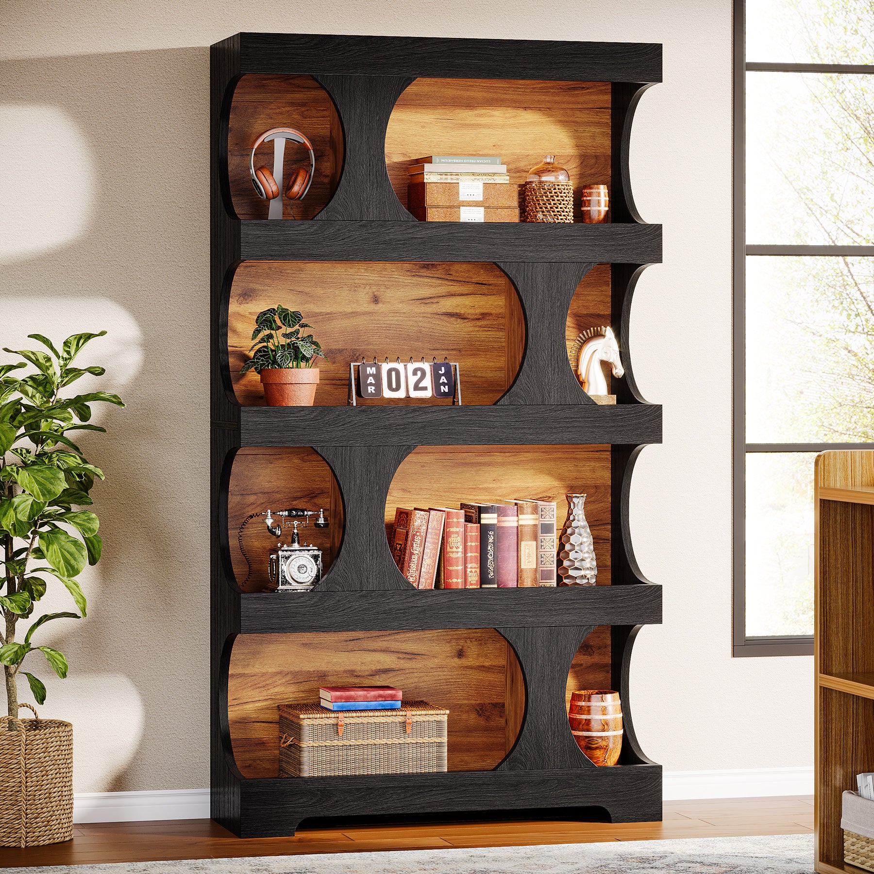 71" Bookcase, Modern Asymmetrical Bookshelf 4-Tier Display Shelf