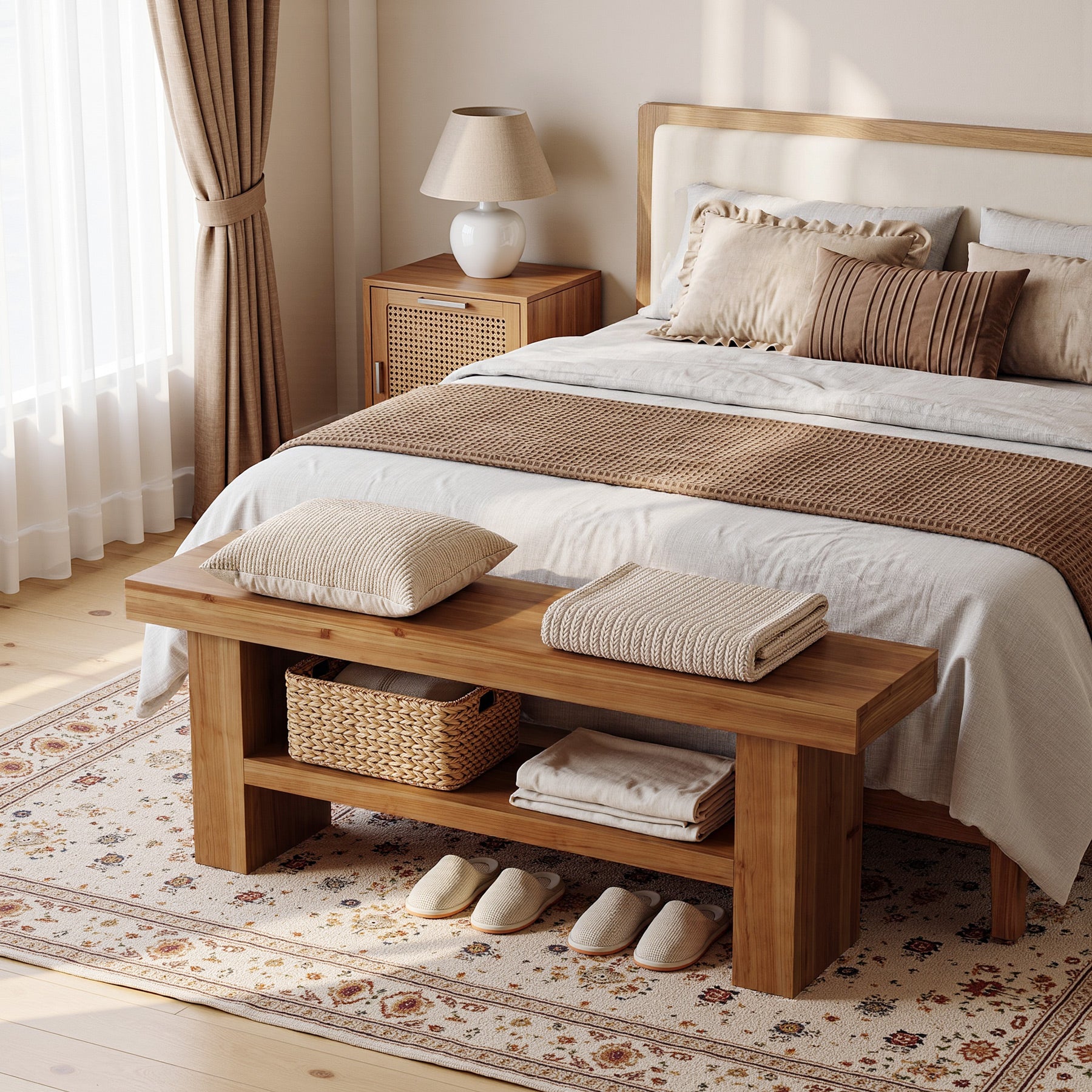 63" Solid Wood Entryway Bench, 2-Tier End of Bed Bench for Hallway, Bedroom
