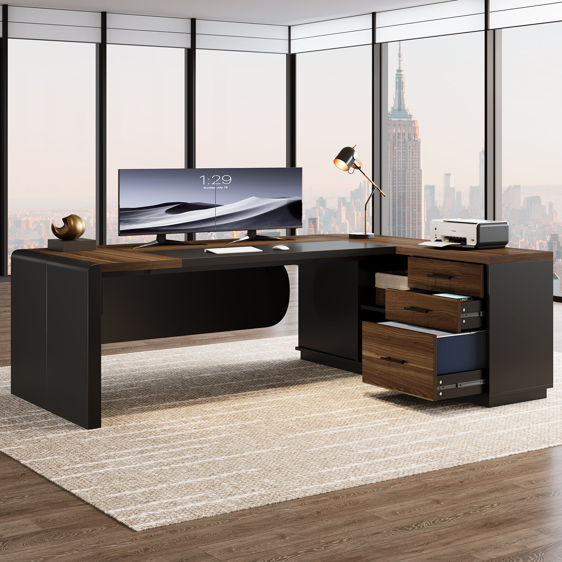 Large 80" L-Shaped Computer Desk with Storage Drawers, Executive Office Workstation