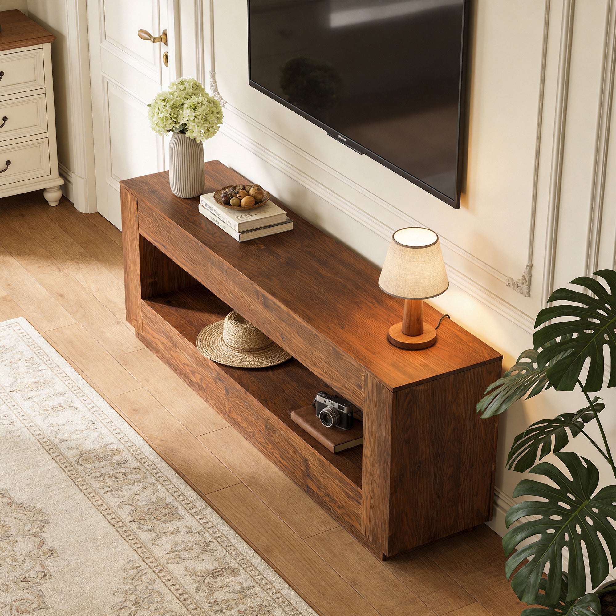 70.87" Solid Wood TV Stand, 2-Tier Entertainment Center for up to 80" TV