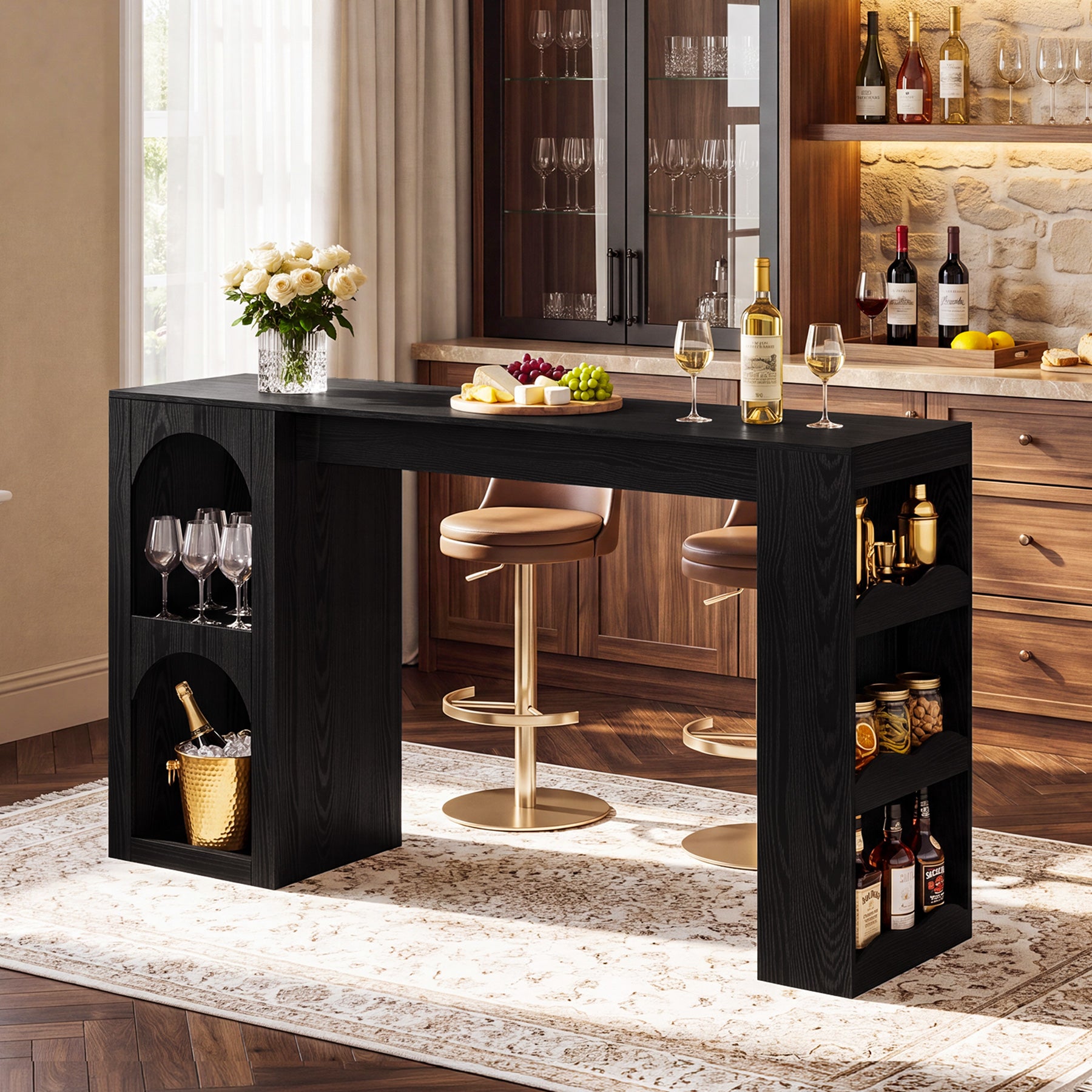 63" Bar Table, Modern Counter-Height Dining Table with Dual-Side Storage for Kitchen