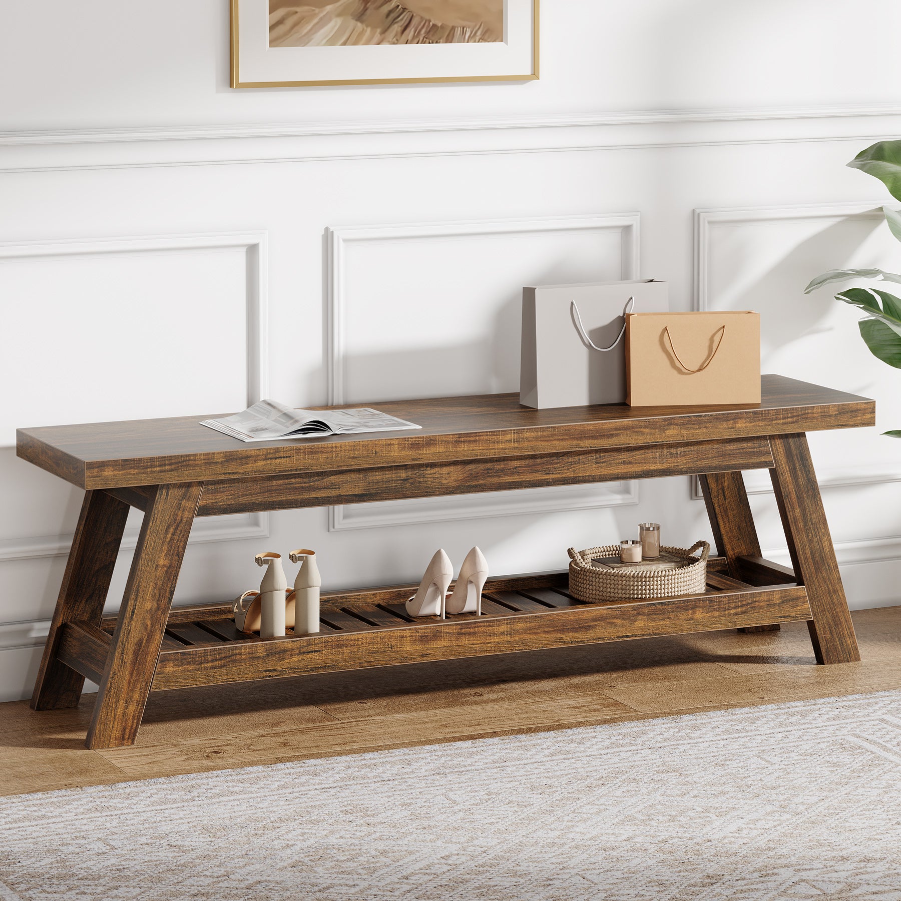 55" Entryway Bench, 2-Tier Foyer Seating Bench with Shoe Storage