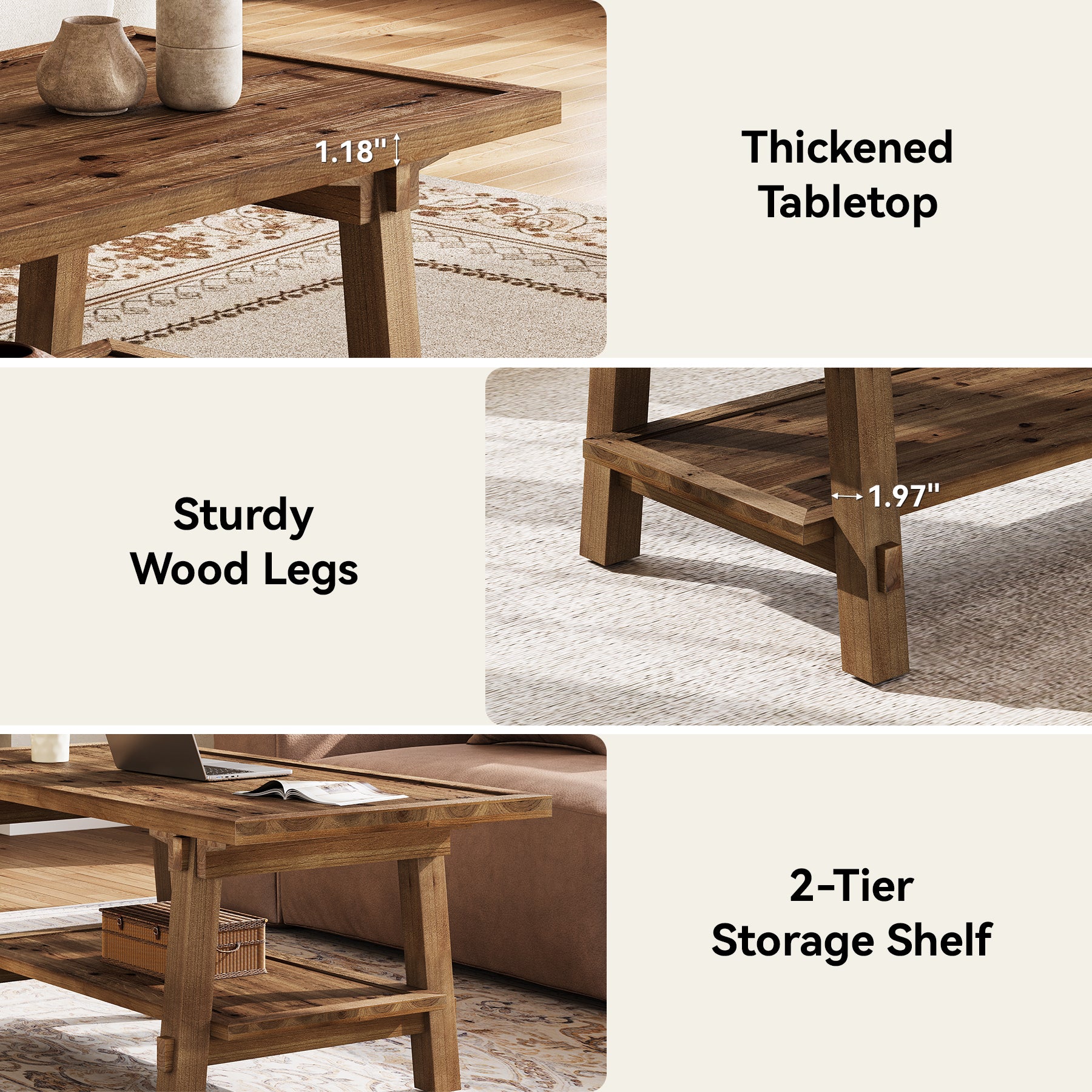 Solid Wood Coffee Table, 47" Rectangle Center Table with 2-Tier Shelves