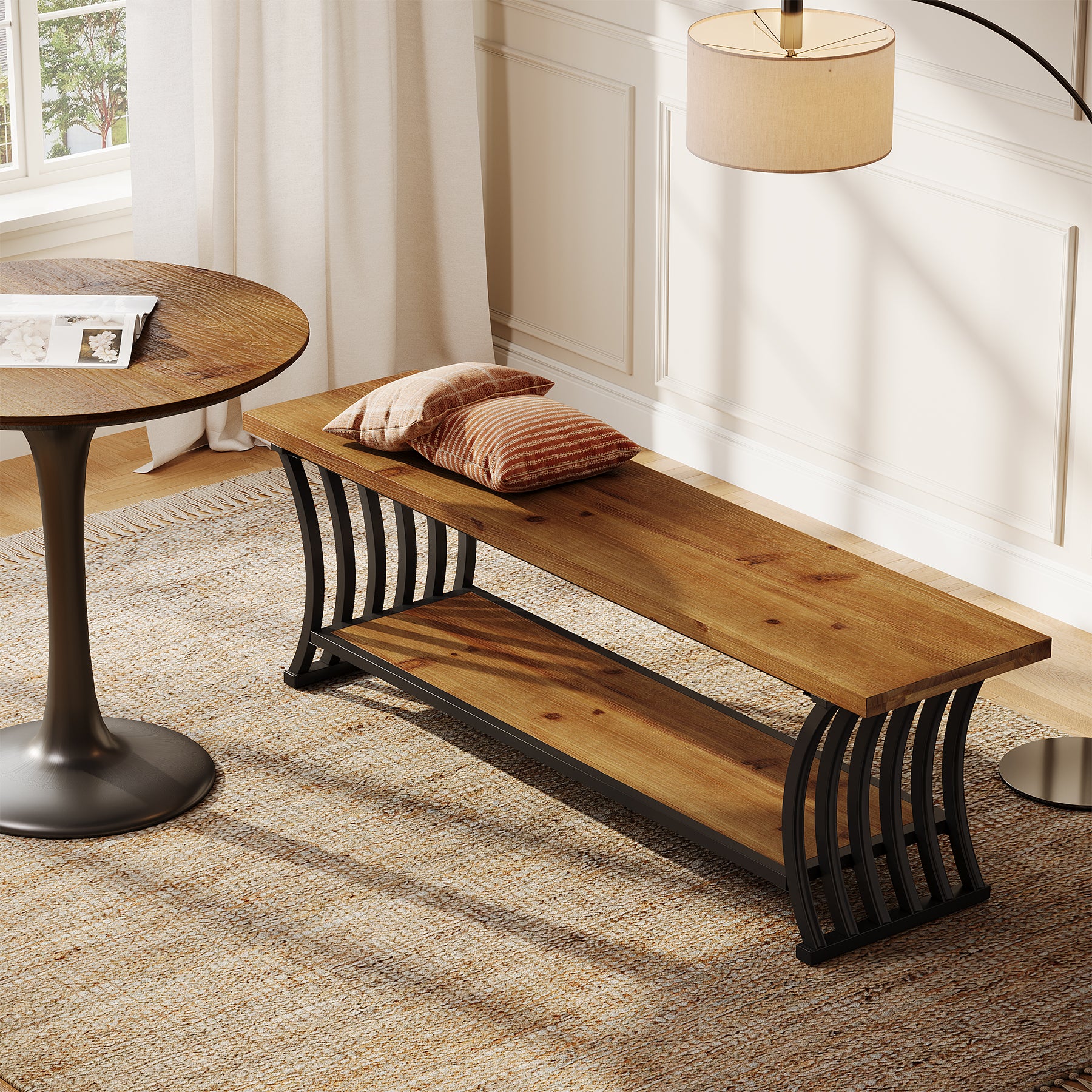 55" Entryway Bench, Wood End of Bed Shoe Bench with Shelf