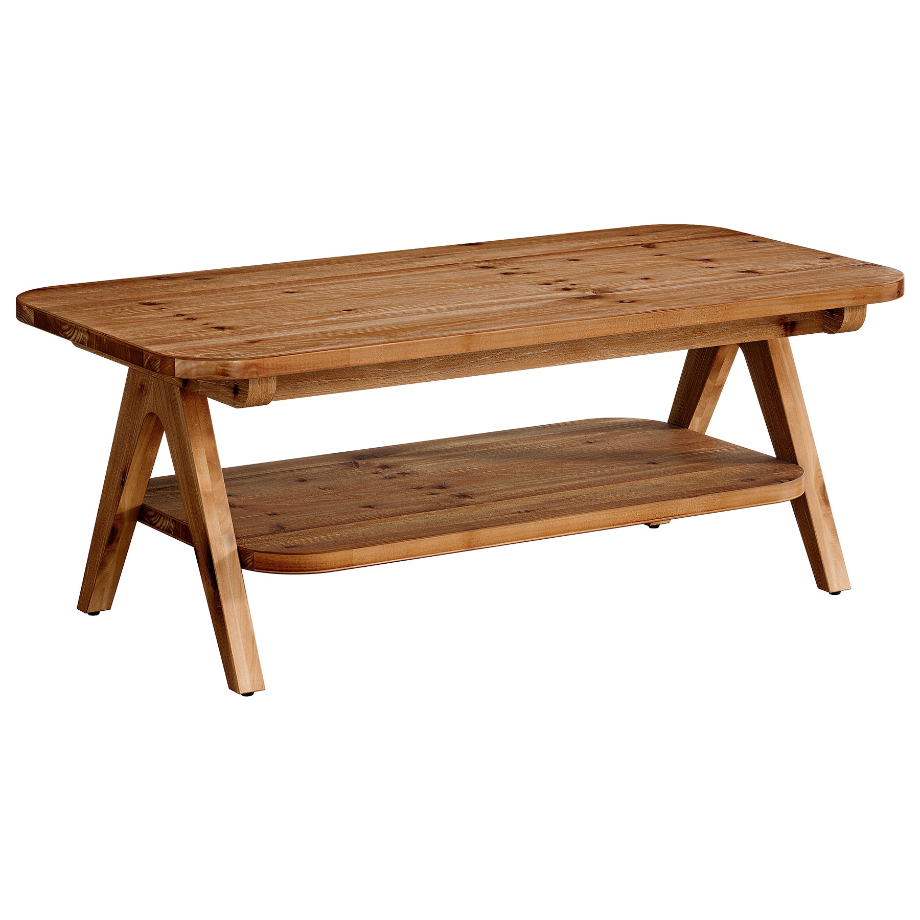 47" Coffee Table, Solid Wood 2-Tier Center Table with Storage Shelf