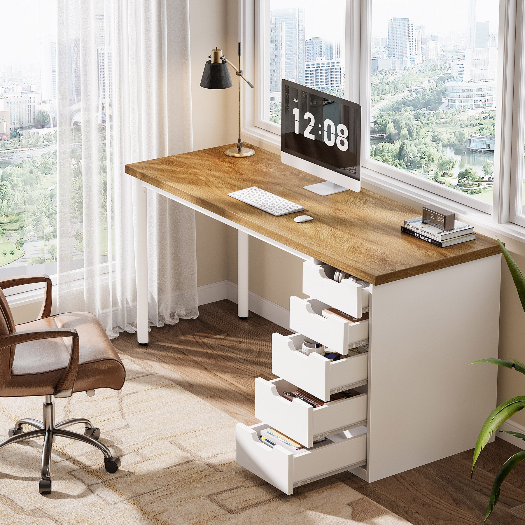 Tribesigns 47" Computer Desk with 5 Reversible Drawers, Rustic Home Office Workstation
