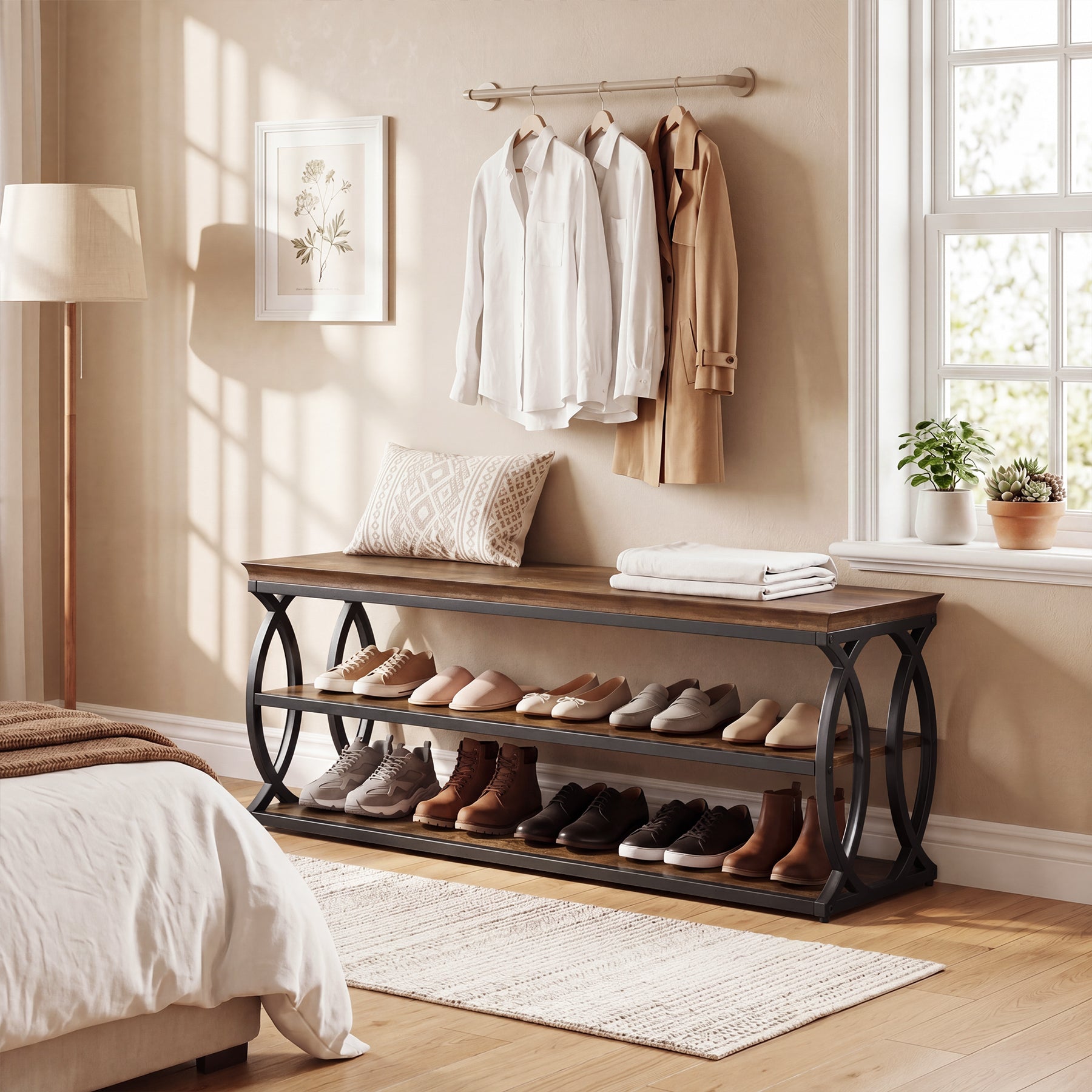Shoe Storage Bench with 3-Tier Rack, Industrial Wooden Shoe Organizer for Hallway Living Room Closet