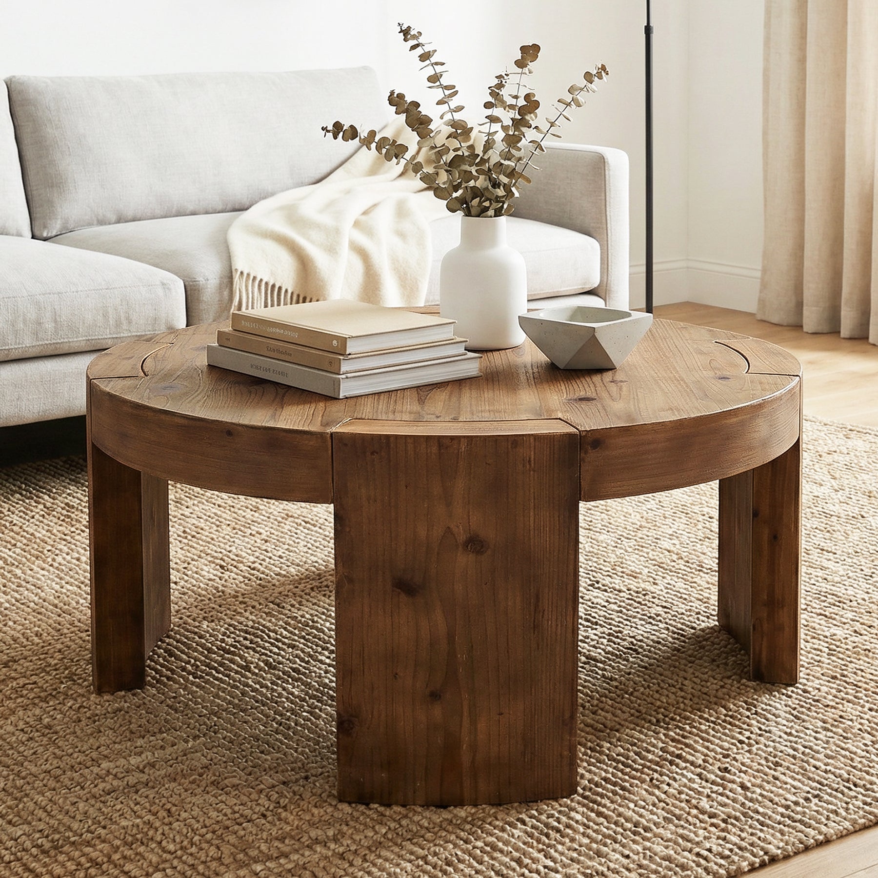 31.5" Round Coffee Table, Solid Wood Farmhouse Center Cocktail Tea Table for Living Room