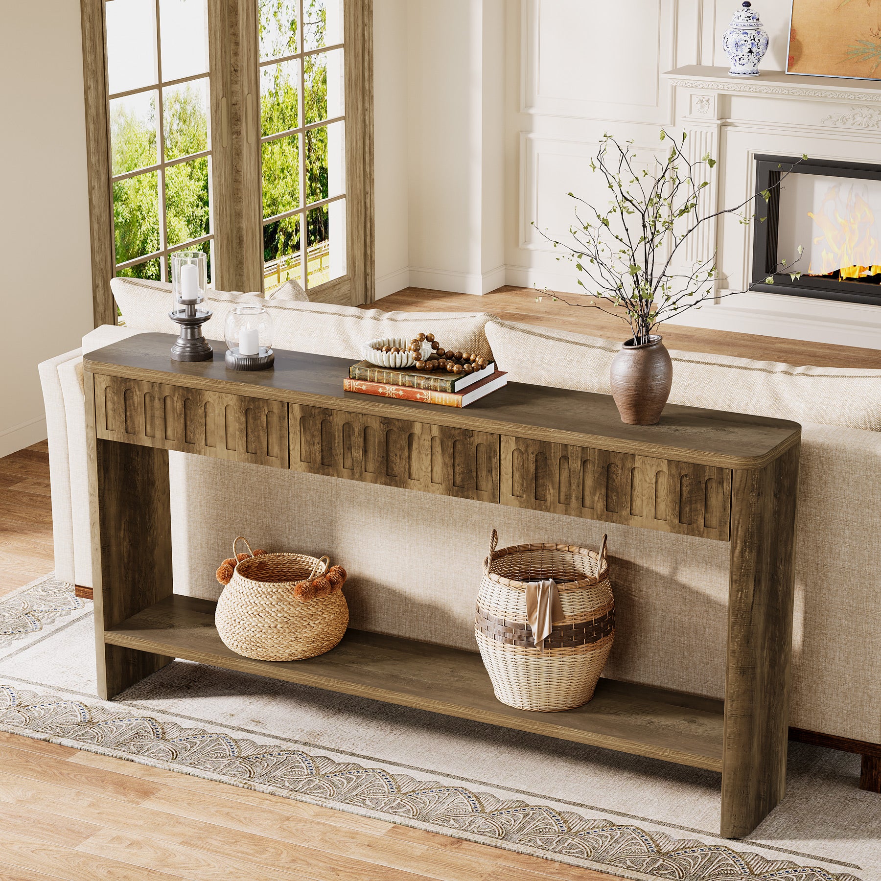 63" Rustic Fluted Console Table, Wood Entryway Table  with 3 Drawers for Living Room