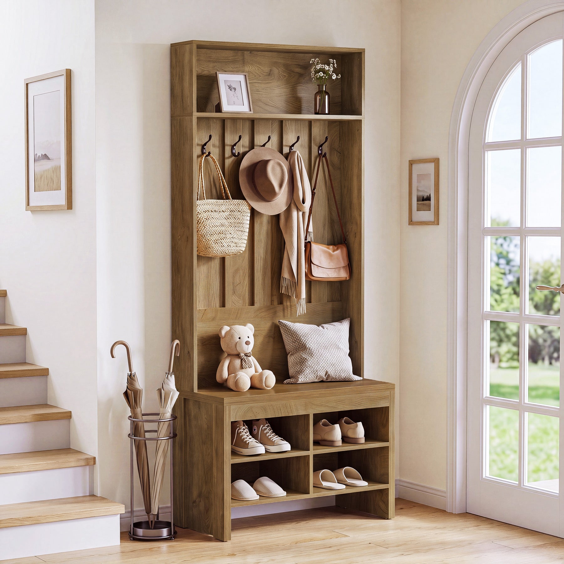 70.8" Tall Hall Tree, Entryway Organizer with Bench & 5 Hooks