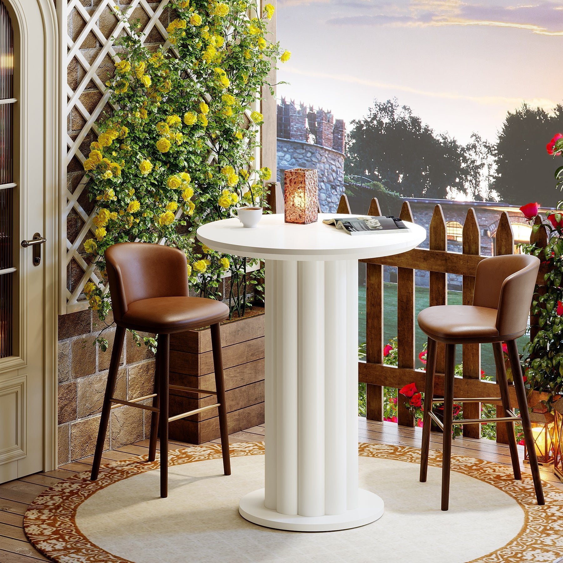 Round Bar Table, 30" Pub Table with Column Fluted Ribbed Leg Base