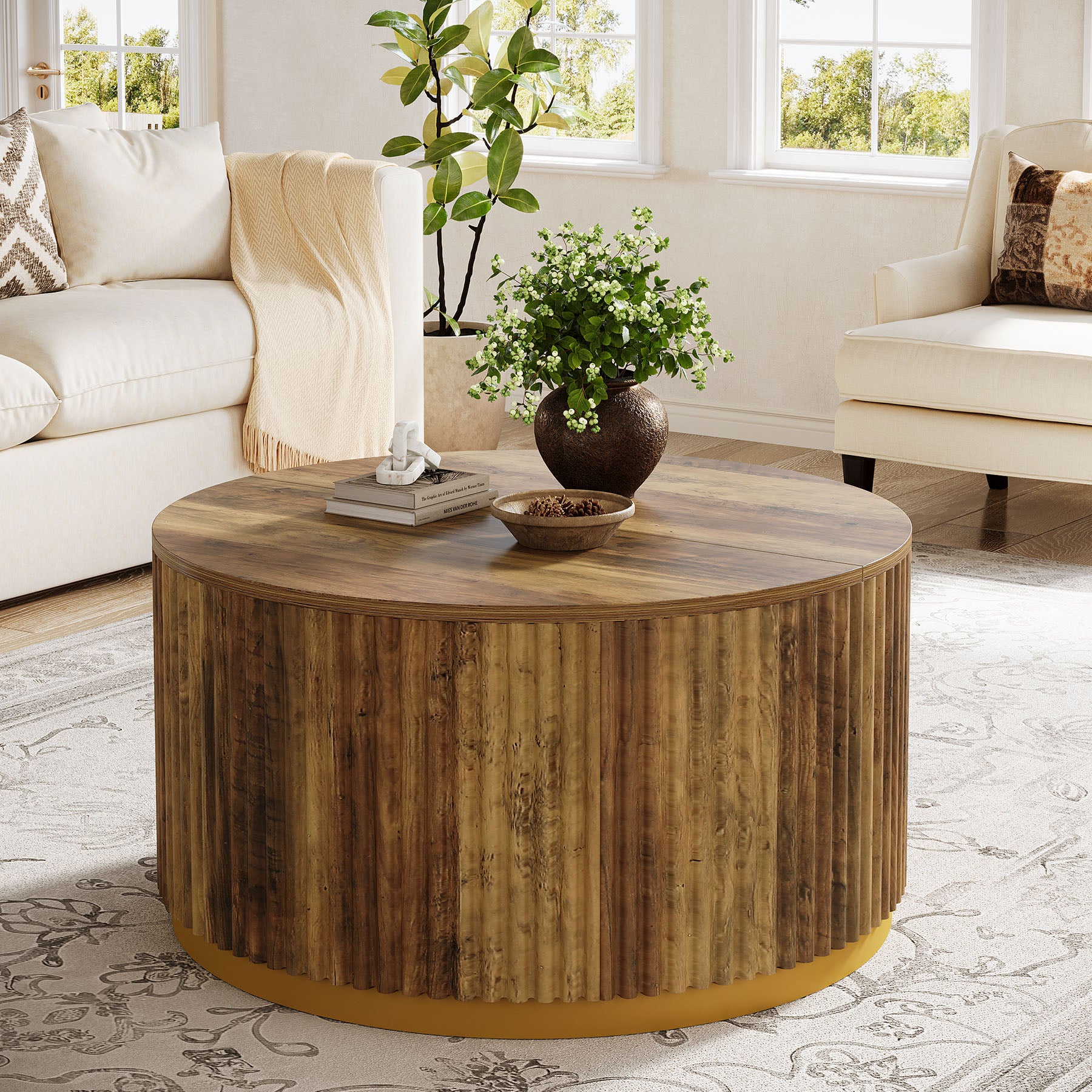 31.5" Round Coffee Table, Fluted Wooden Center Table with Sturdy Drum Base