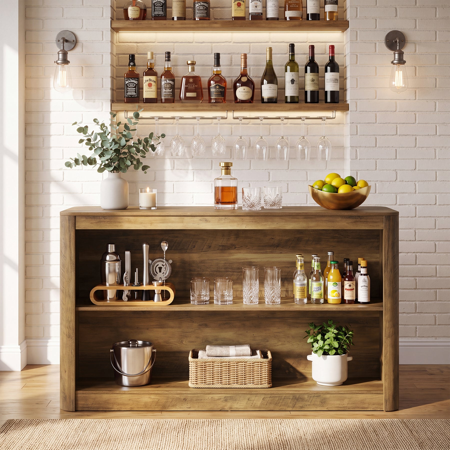 59" Bar Table, Rectangle Counter Height Pub Table Home Bar Unit with Storage Shelves