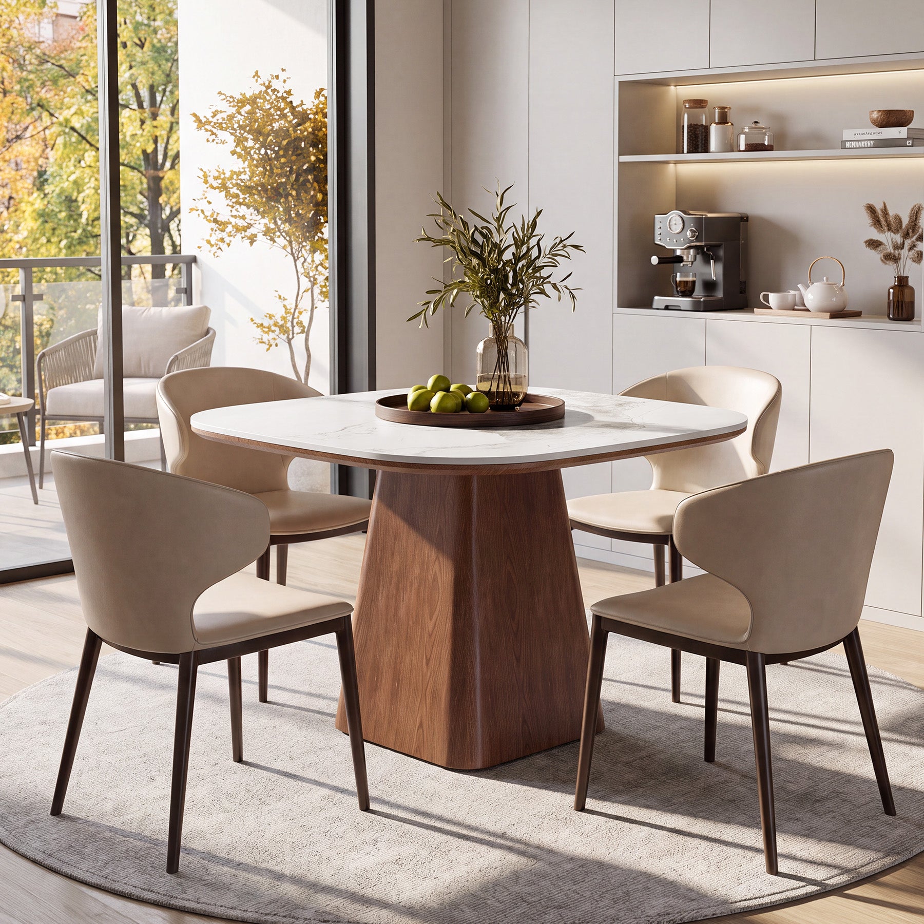 35.4" Square Sintered Stone Dining Table, Small Kitchen Table with Solid Wood Base