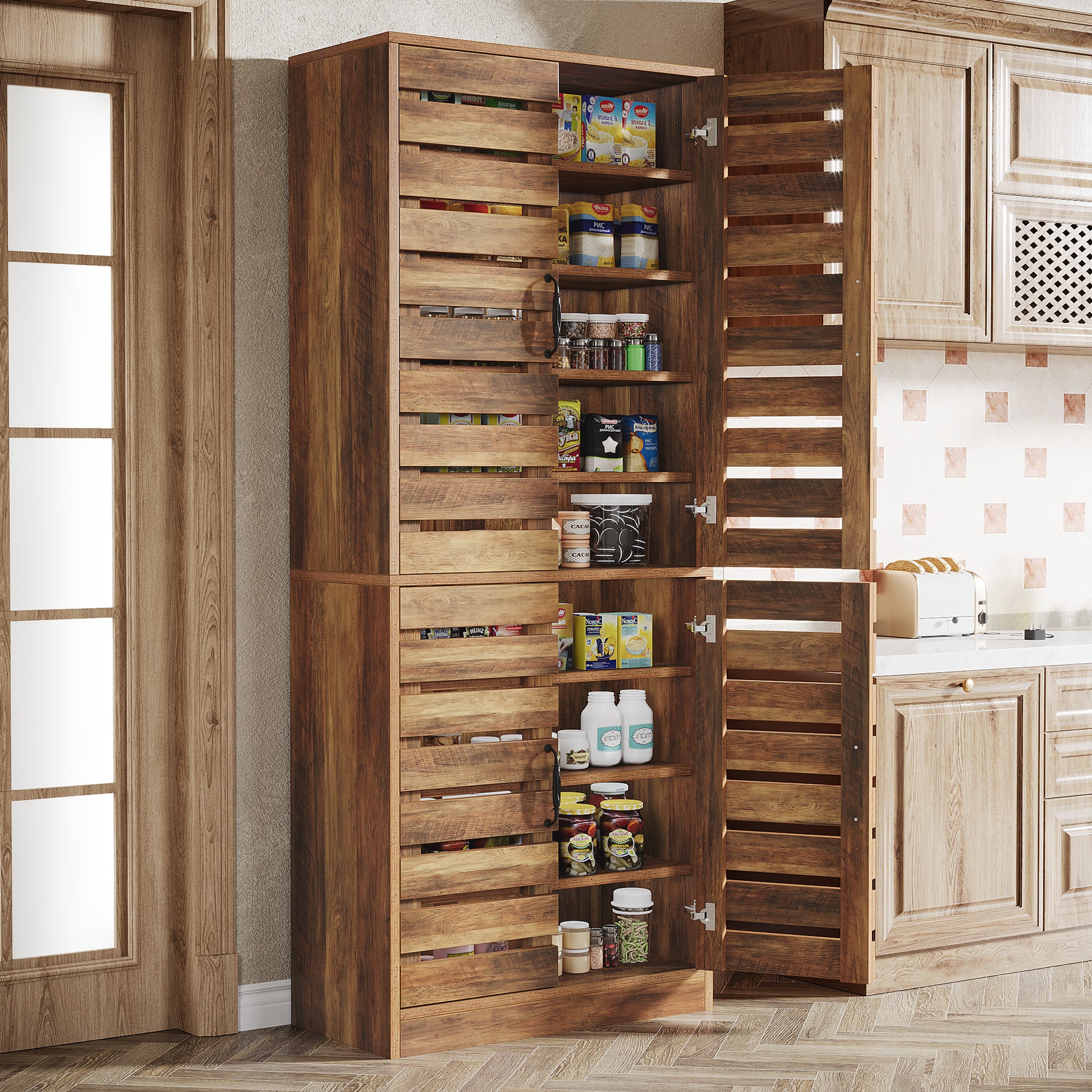 70.8" Kitchen Pantry Cabinet, 9-Tier Storage Cabinet with 2 Shutter Doors